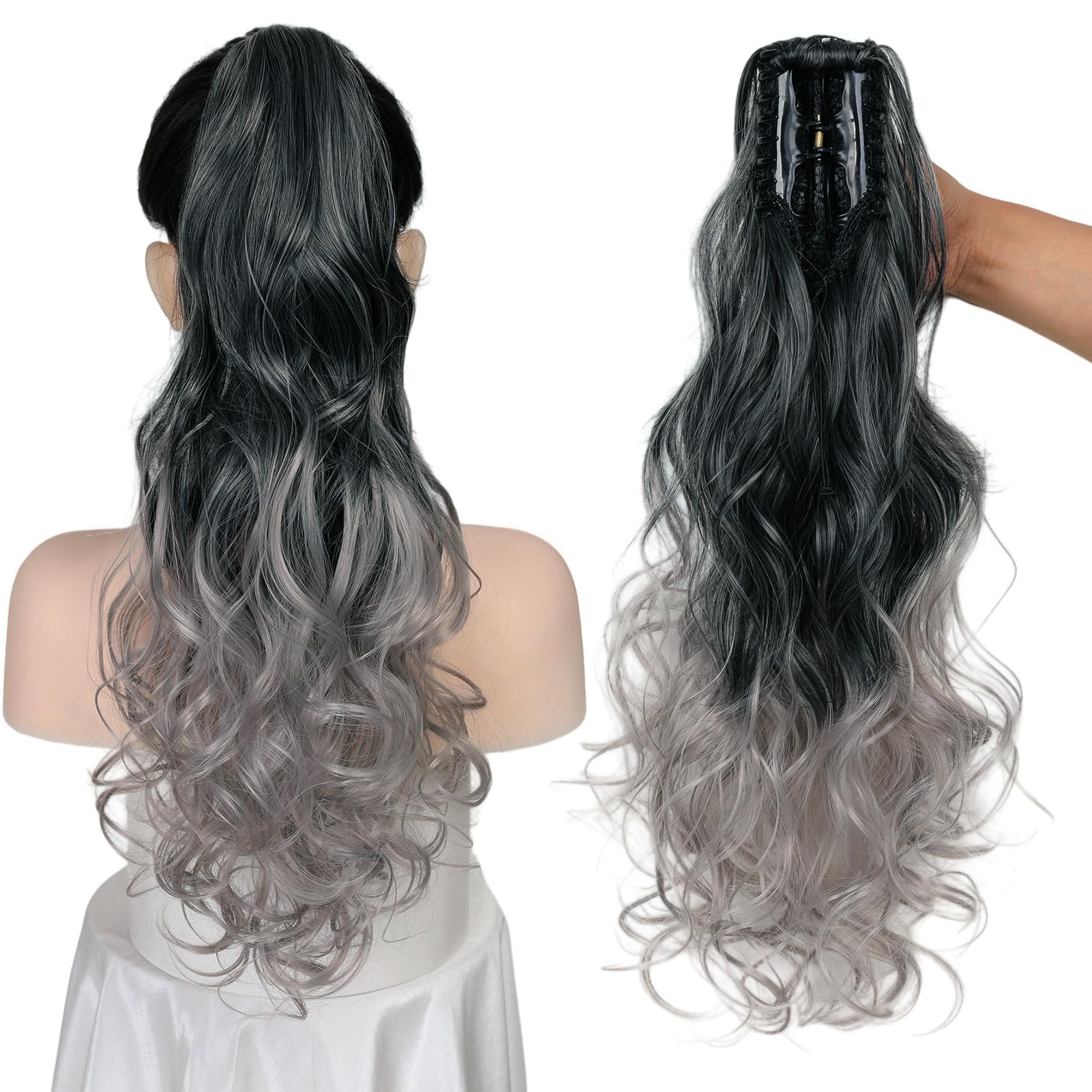 Cybelleza Ponytail Extension Curly Wavy Claw Jaw Pony Tail Clip in Hair Extensions Hairpiece Synthetic Long for Women (Black Ombre Grey) - Image 4