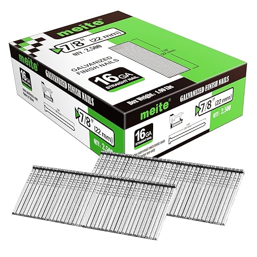 meite 16 Gauge Finish Nails, 7/8-Inch Galvanized 16GA Finish Nails, Small Straight Finishing Nail for 16 Gauge Finish Nailer Guns (2,500 Counts)