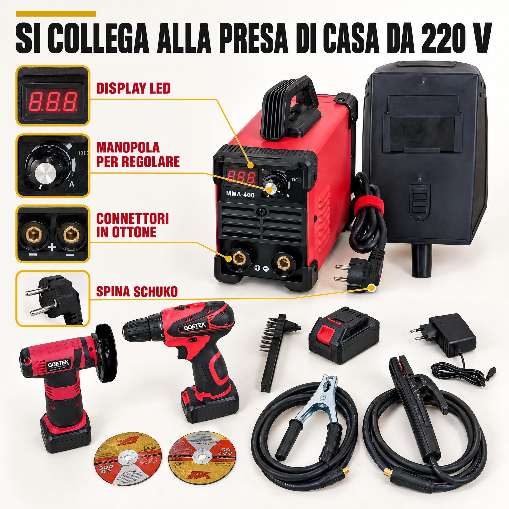 Saldatrice Inverter 400A Kit 3 in 1 con Smerigliatrice e Avvitatore