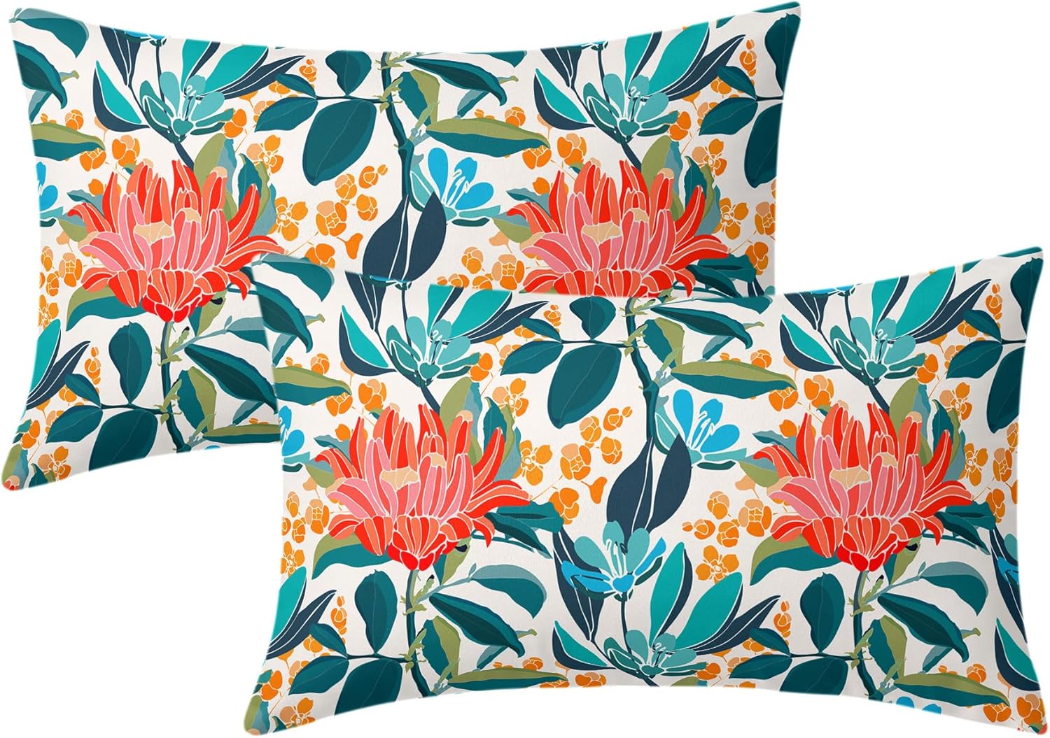 Kawani Teal Coral Floral Lumbar Pillow Covers 12X20 Inch