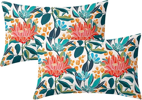 Kawani Juego de 2 fundas de almohada lumbares rectangulares de 12 x 20 pulgadas con diseño floral de coral verde turquesa, hojas y flores naranjas,