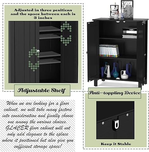 Miniatura 4 de GLACER Gabinete de piso de baño, armario de almacenamiento lateral con puertas dobles y estantes ajustables, 23.5 x 12 x 31.5 pulgadas (negro)