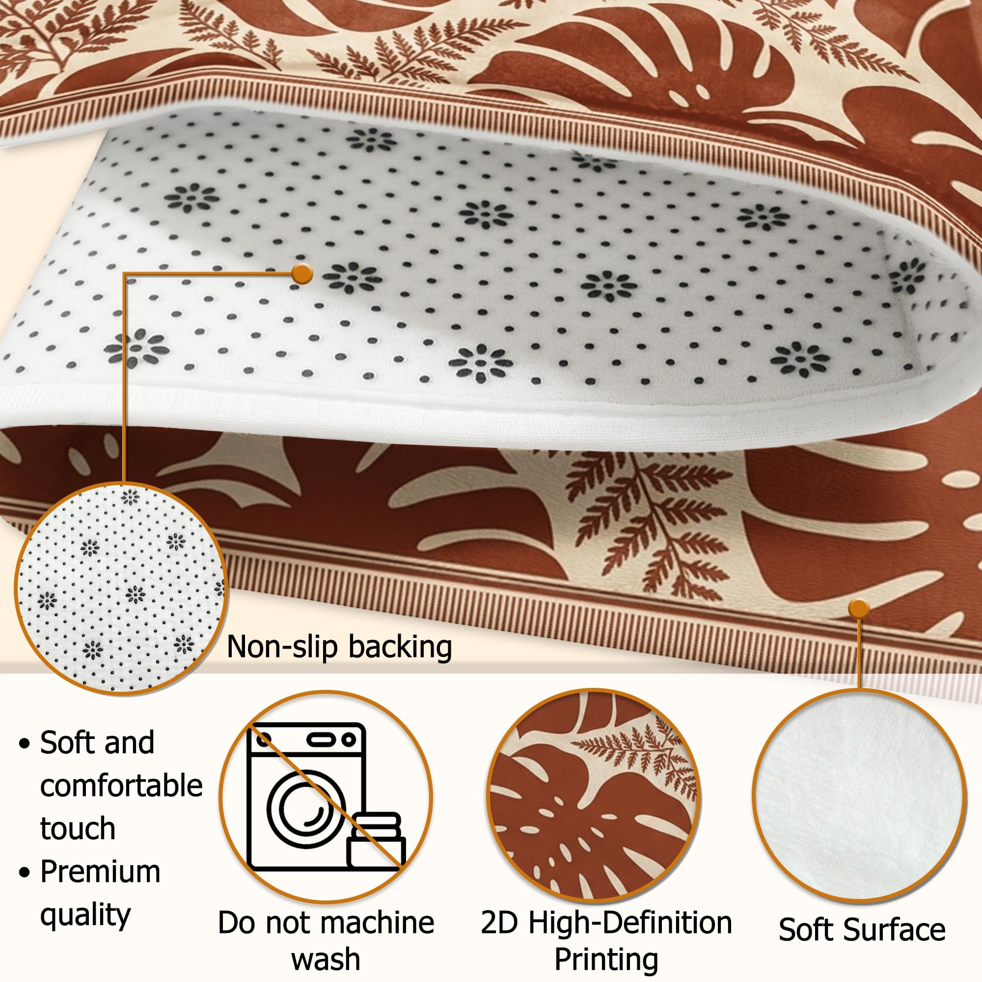 Monstera Alfombra de área tropical, natural, hojas de helecho, verano, marrón, de pelo bajo, esponjosa, suave, rectangular, resistente a las manchas, para sala de estar, dormitorio, aula, decoración