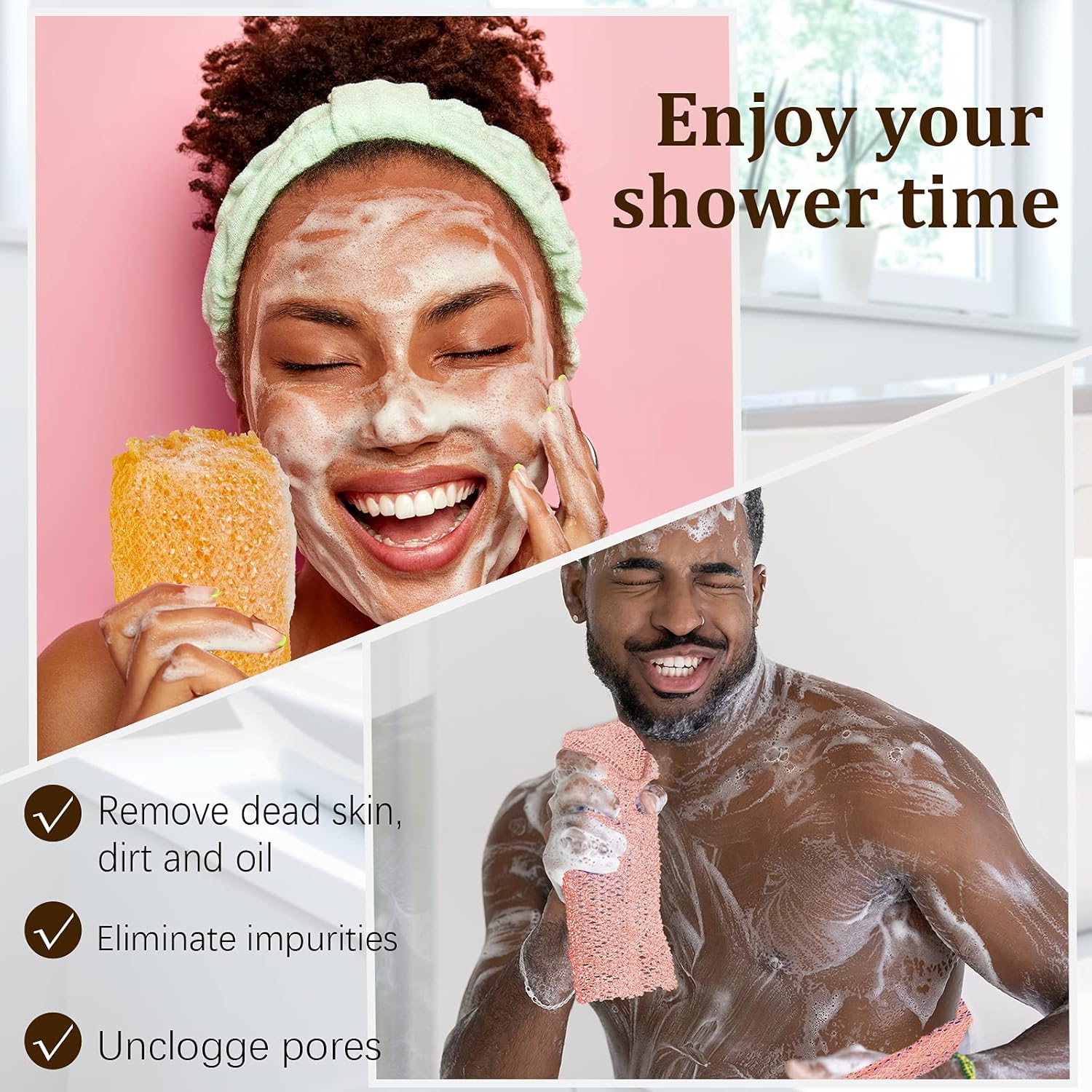 4 Pieces African Net Long Bath Net Sponge Exfoliating Shower Body Scrubber Back Scrubber Skin Smoother for Daily Use or Stocking Stuffer (Orange, Brown, Cream, Peach,25.6 x 7.9 inch) : Beauty & Personal Care