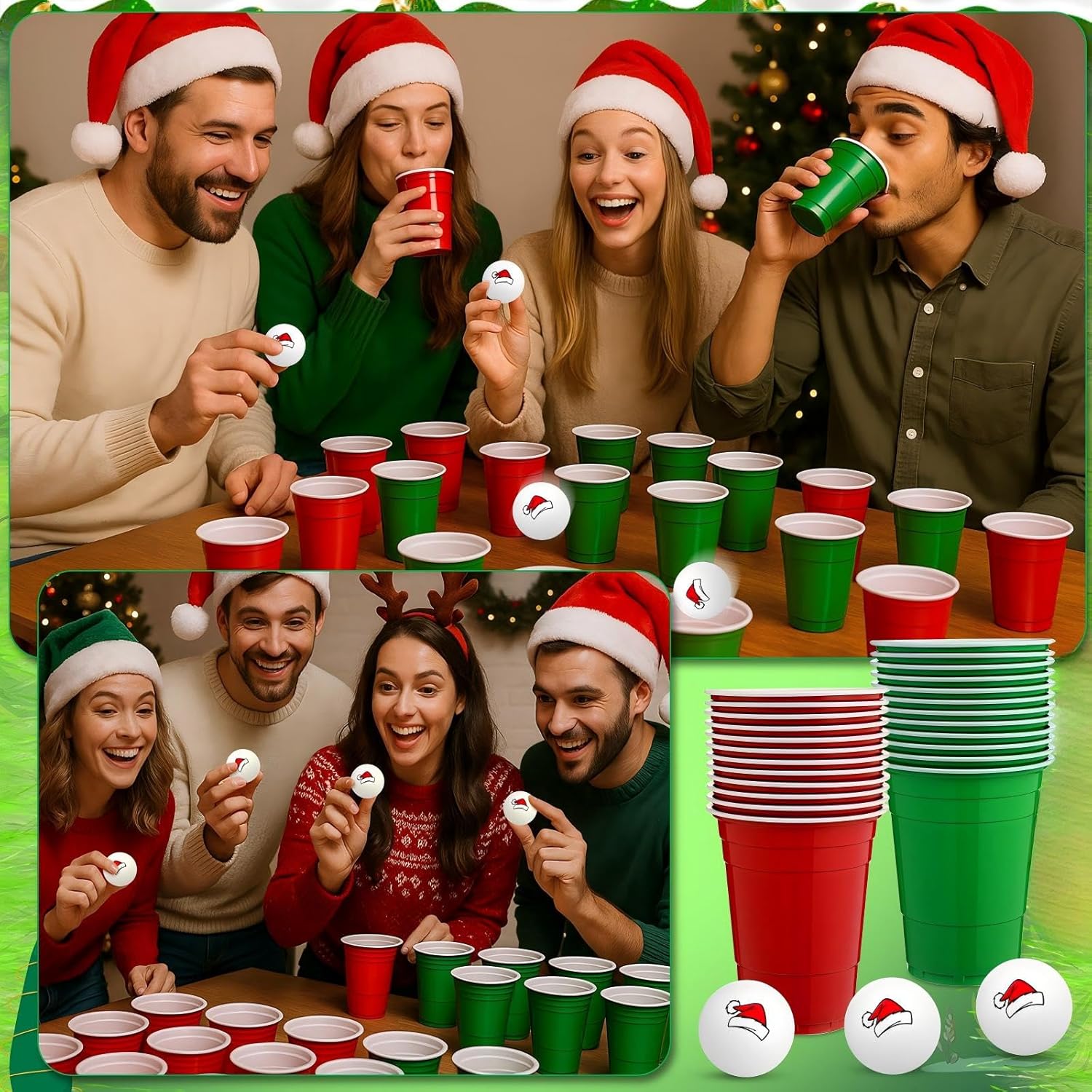 Soulchen 50 Pcs Christmas Game Supplies Set 40 Classic Reusable Plastic Cups 15 oz and 10 Santa Hat Printed Balls Xmas Party Cup Table Tennis Game for Christmas Party House Favor Birthday BBQ Holiday