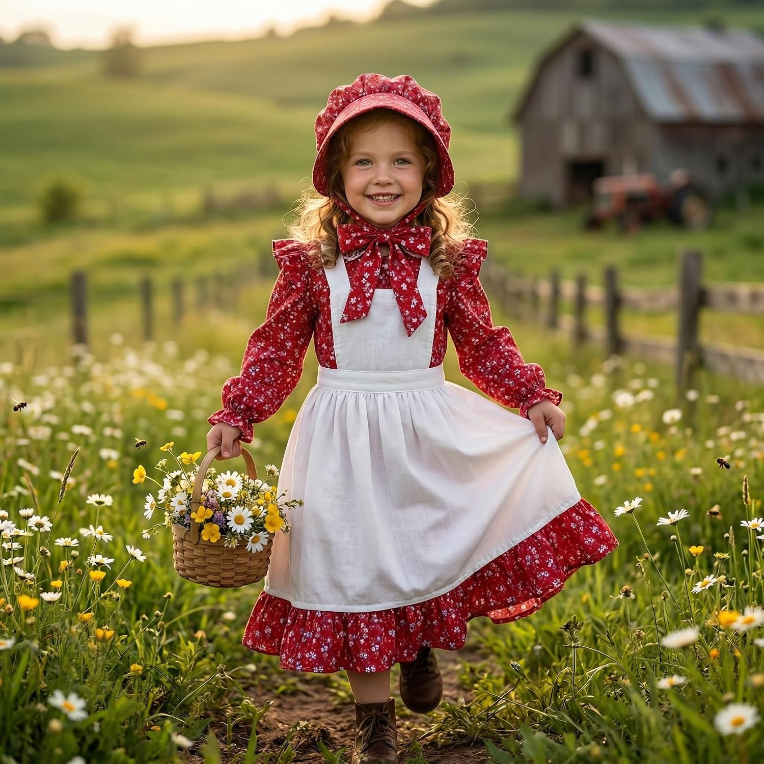 Condition photo showing New/Like New for pioneer costume for girls colonial costume floral prairie dress with bonnet
