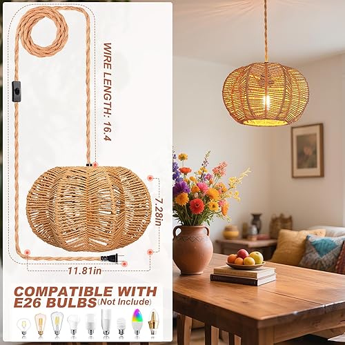 Miniatura 6 de Luces colgantes colgantes con cable enchufable, luces colgantes con pantalla de lámpara de ratán, cuerda de cáñamo de 16.4 pies, accesorio de