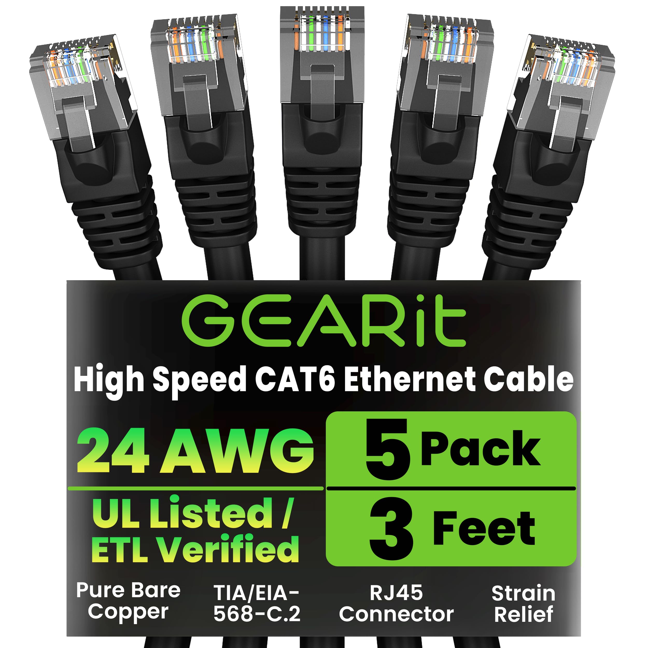 GEARit Cat 6 Ethernet Cable Pack - 5-Pack 3 ft Cat6 Ethernet Patch Cables | RJ45 Network Patch Cable, 10 Gbps Snagless Gold-Plated Connectors -