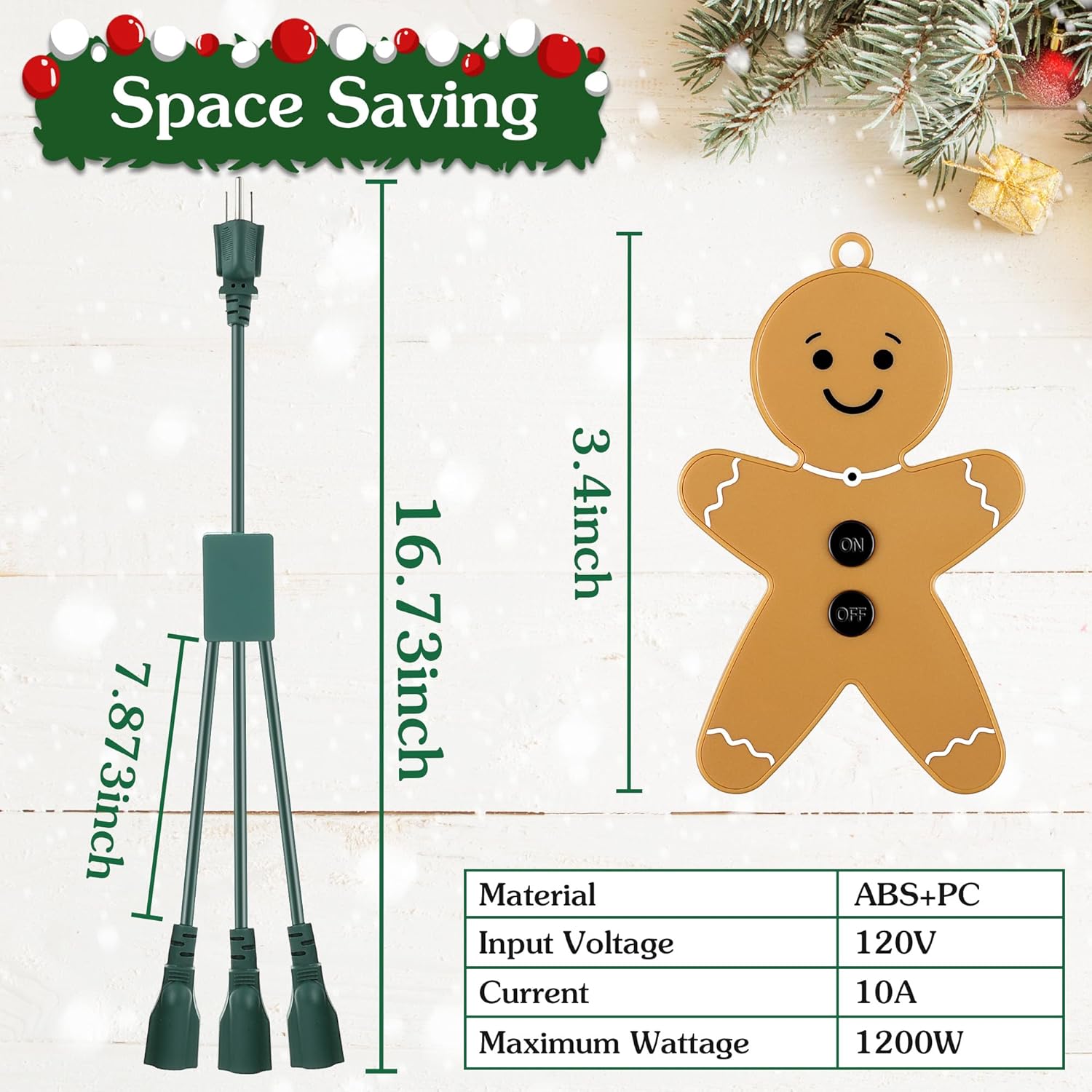 Enhon Christmas Tree Lights Controlled Outlet, Plug in Control Outlet Extension Cord with 3 Sockets and Gingerbread Man Remote Switch for Christmas Tree and Long Range Lighting Control, Green (1 Pack)