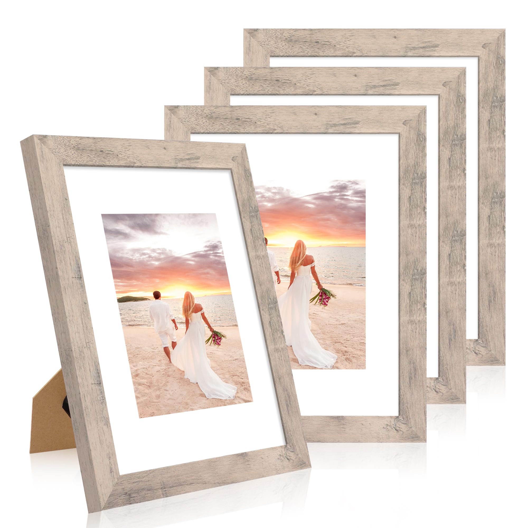 iRahmen 9x12 Picture Frame Set of 4 with Tempered Glass, Smoke Gray Frame Display 6x8 Pictures with Mat or 9 x 12 Without Mat, Rustic Wodd Photo