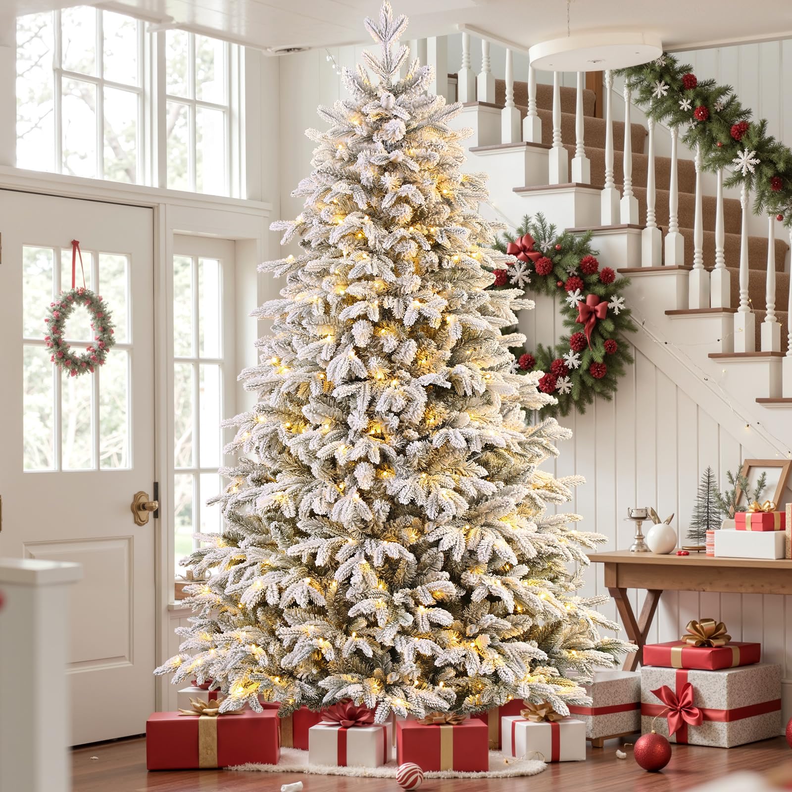 SHareconn 6.5ft Flocked Cedar Christmas Tree Prelit with Remote Control, RGB & Warm White Lights, Modern Luxury Design with Full Flocked Snowy Branches for Home, Office, Party Decor, 6.5 FT