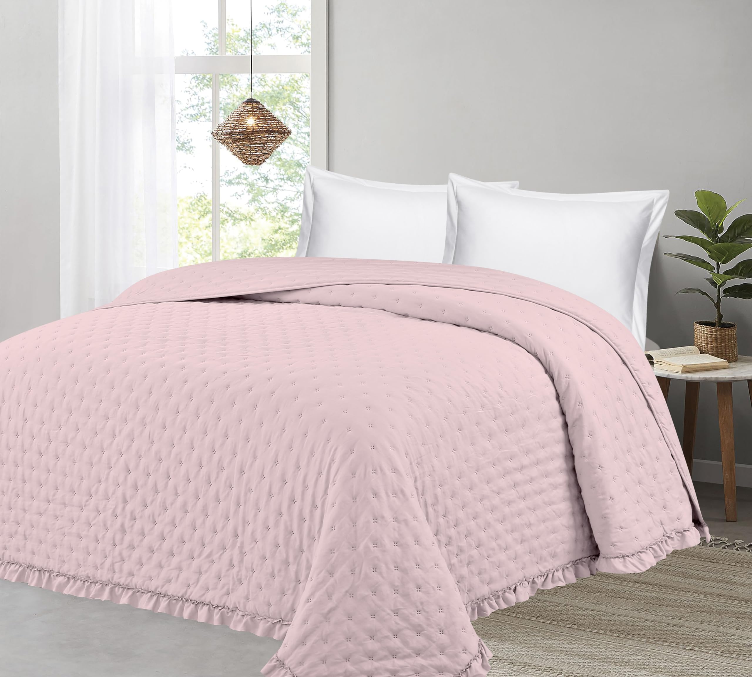 Colcha Bouti Lavada Termosellada con Volante, SIN Cojines, Ligera para Verano y Entretiempo, 100% Microfibra, Tacto Extra Suave - Modelo Novara (Novara - Rosa, Cama 150cm)