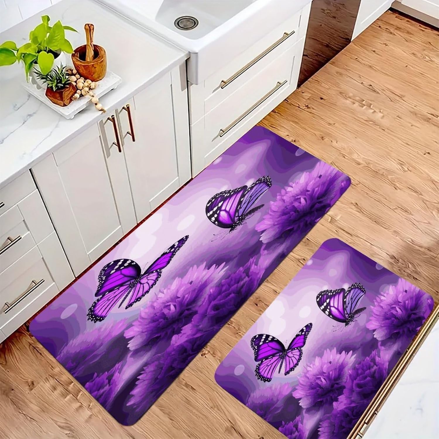 Purple Flower Butterflies Kitchen Mats for Floor 2PCS Waterproof Non-Slip Kitchen Rugs Cushioned Anti-Fatigue Mat Heavy Duty Floor Mats Comfort Standing Mat for Kitchen Home Office Laundry