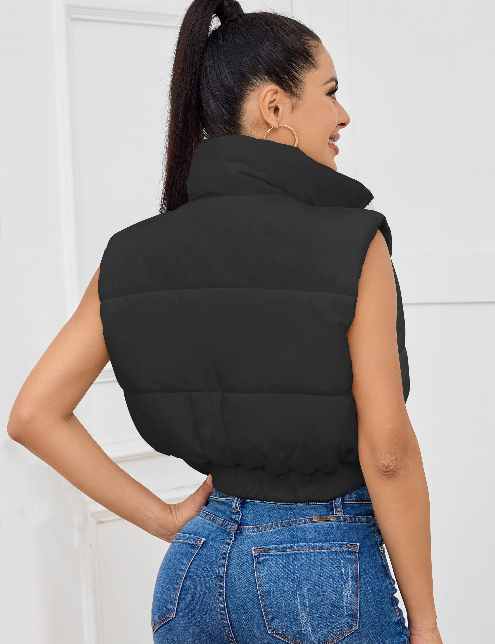 Kissonic Women's Padded Down Vest Puffer Stand Collar Zip Up Crop Sleeveless Jacket