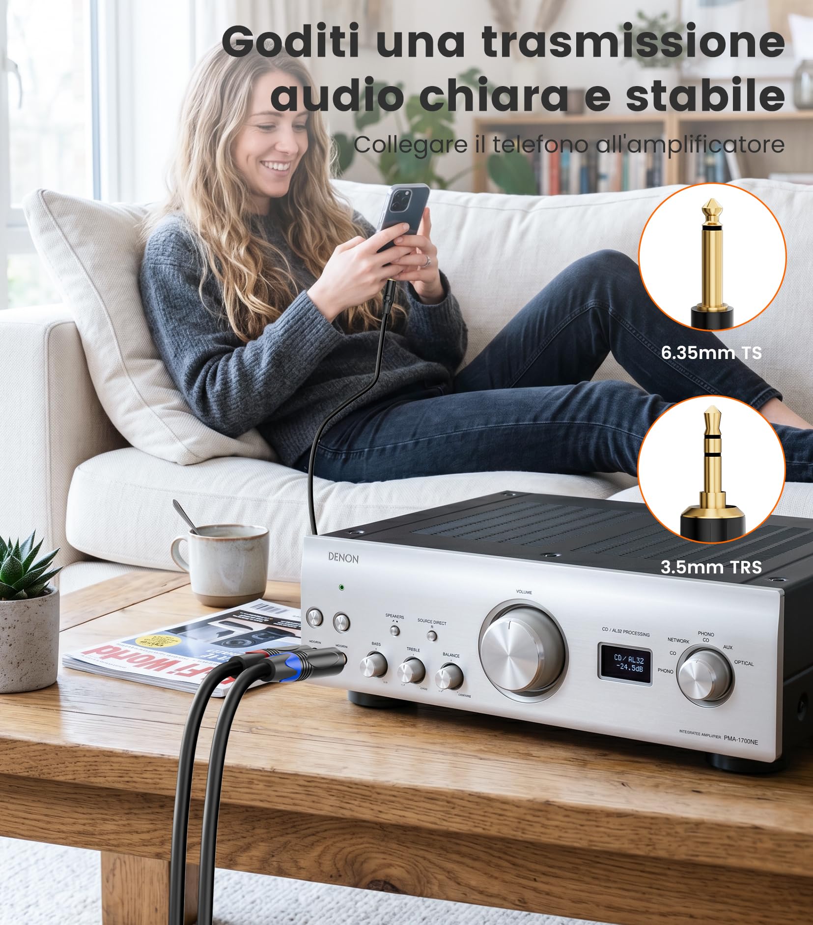 Cavo stereo da 3,5 mm a 6,35 mm, 1 m, mini jack TRS da 3,5 mm a doppio TS mono da 6,35 mm, cavo splitter a Y per lettori CD, altoparlanti, amplificatori