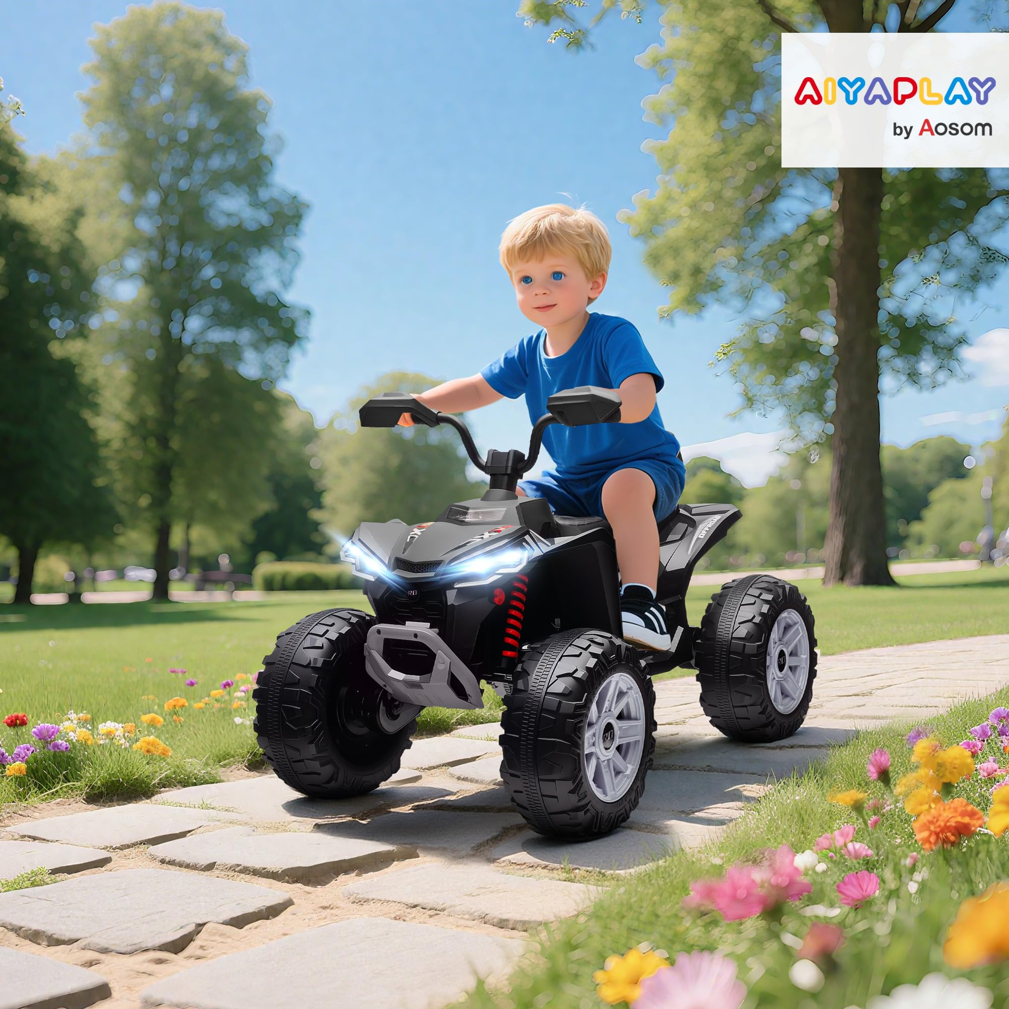 AIYAPLAY 24V Elektro Quad für Kinder Vorwärts-, Rückwärtsfunktion Schwarz | Kinderquad, 4 Gefederte Räder, Scheinwerfer, USB- & MP3-Anschluss, 2 Sitzer Kinderfahrzeug, 4-6,5 km/h, Für 3-8 Jahre