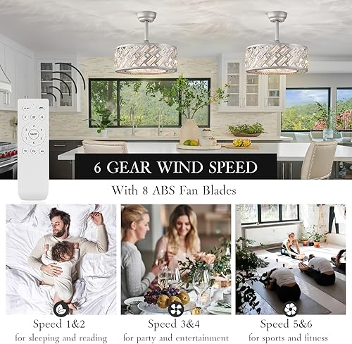 Miniatura 6 de Ventilador de techo sin aspas de cristal de 18.5 pulgadas con luz, control remoto, motor reversible silencioso de 6 velocidades, moderno ventilador