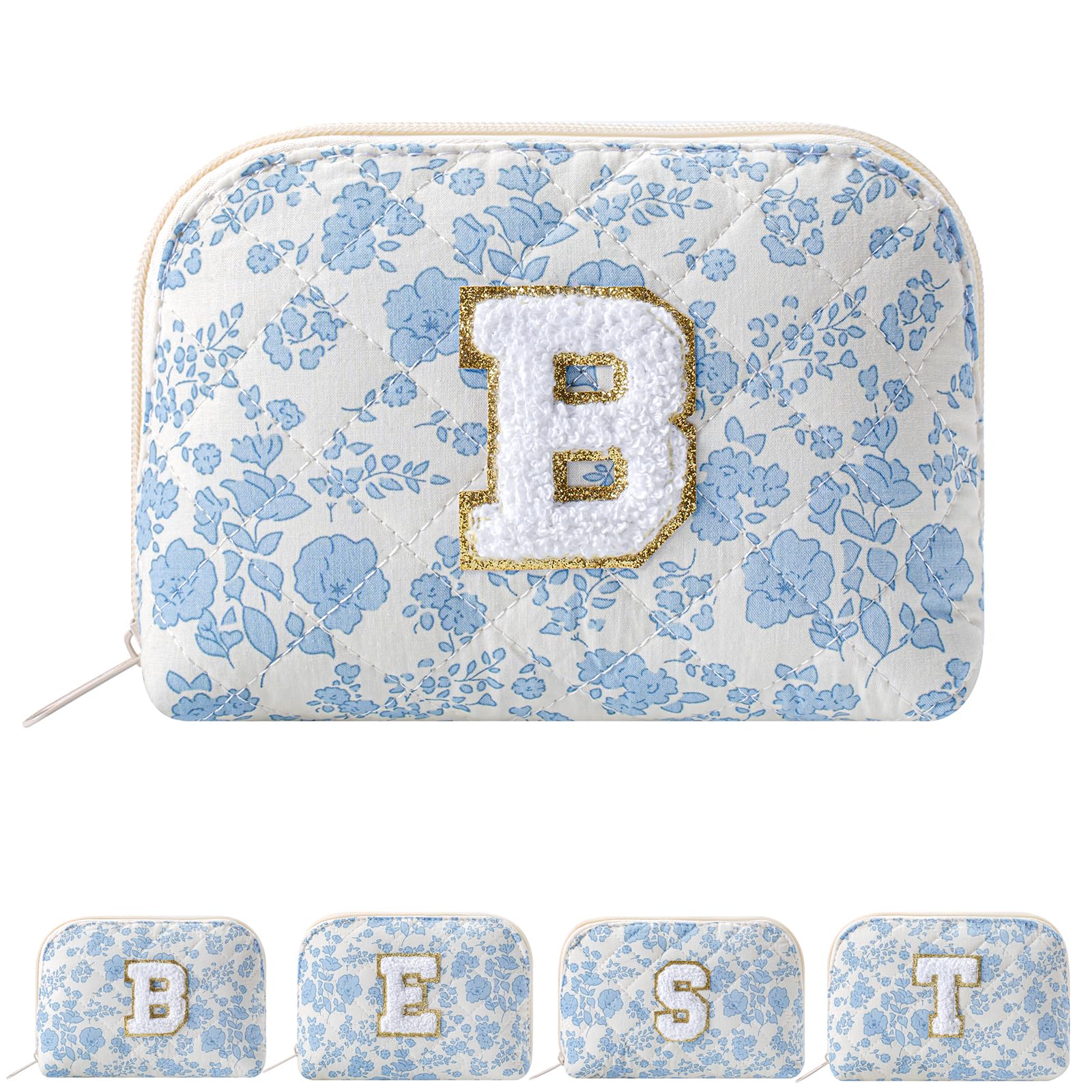 JOVAKIT Conch Alphabet Makeup Bag Cosmetic Bag for Women, Christmas Gifts for Women Girls, Blue Floral Coquette Travel Bag, Zipper Make Up Pouch