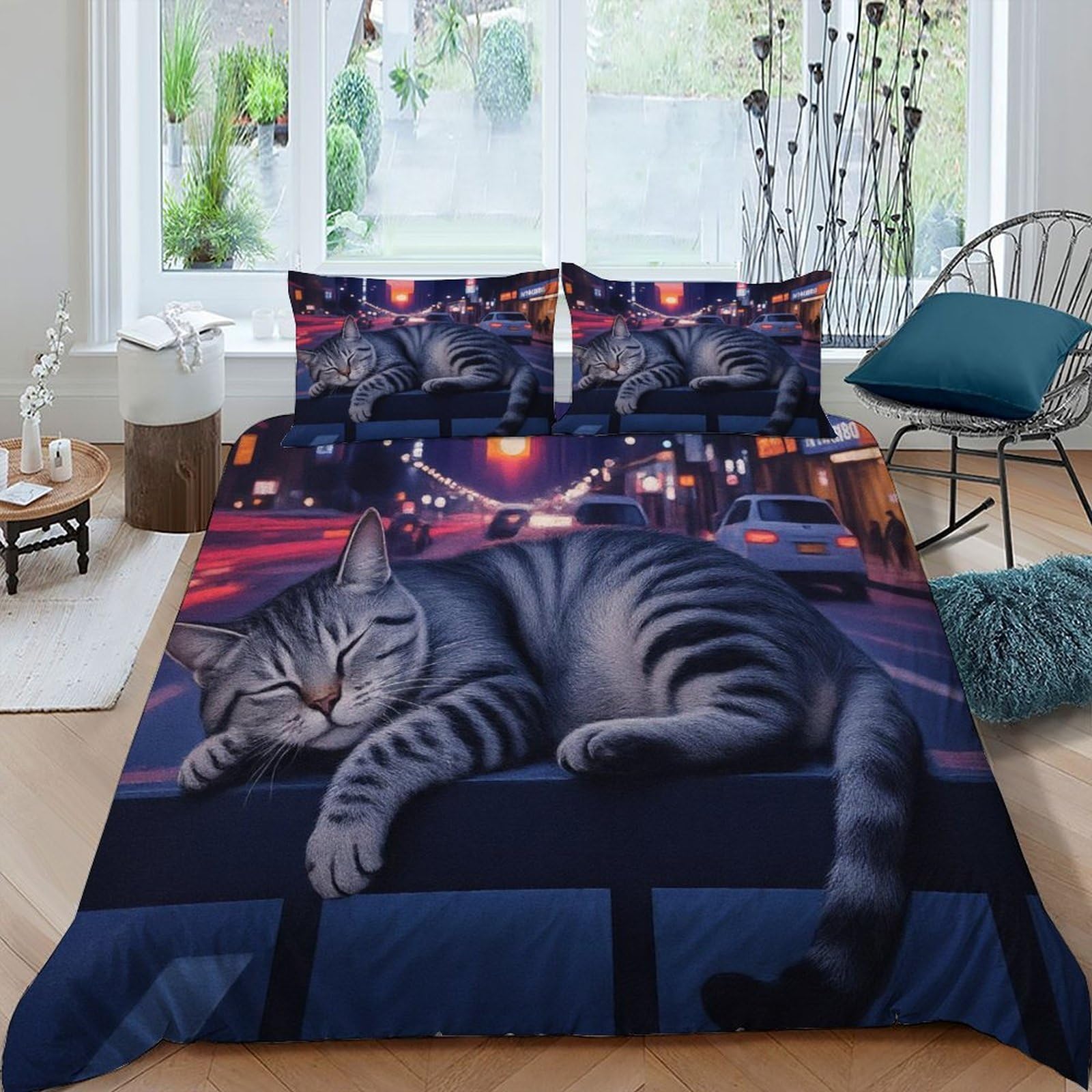 Housse de couette chat ville 220x240 parure de lit imprimée animal 3 pièces King