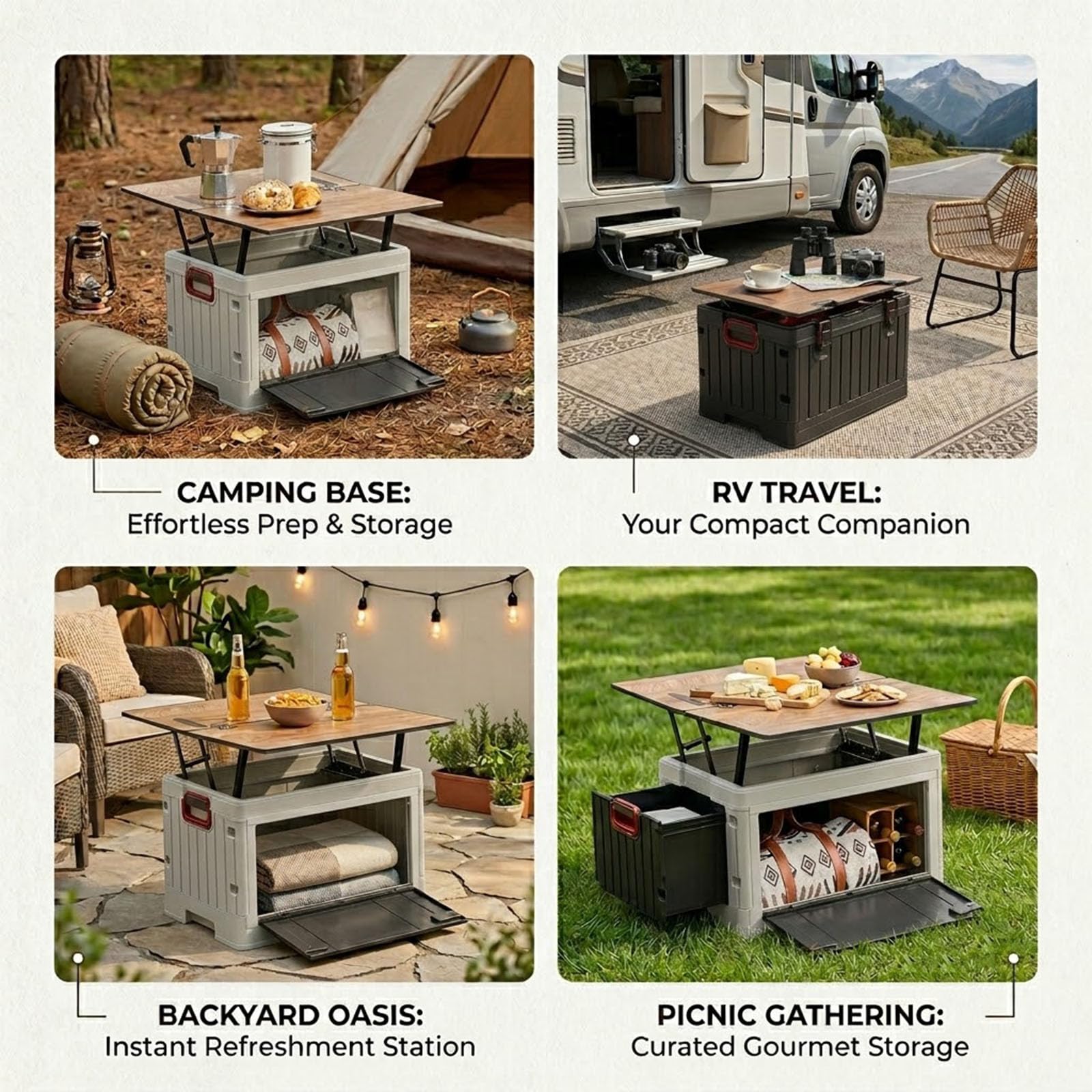 Camping Aufbewahrungsbox Faltbar mit Tisch & Seitenkorb | Kofferraum Organizer für Camping, Wohnmobil Reisen, Picknick und Outdoor Ausrüstung mit multifunktionaler Nutzung