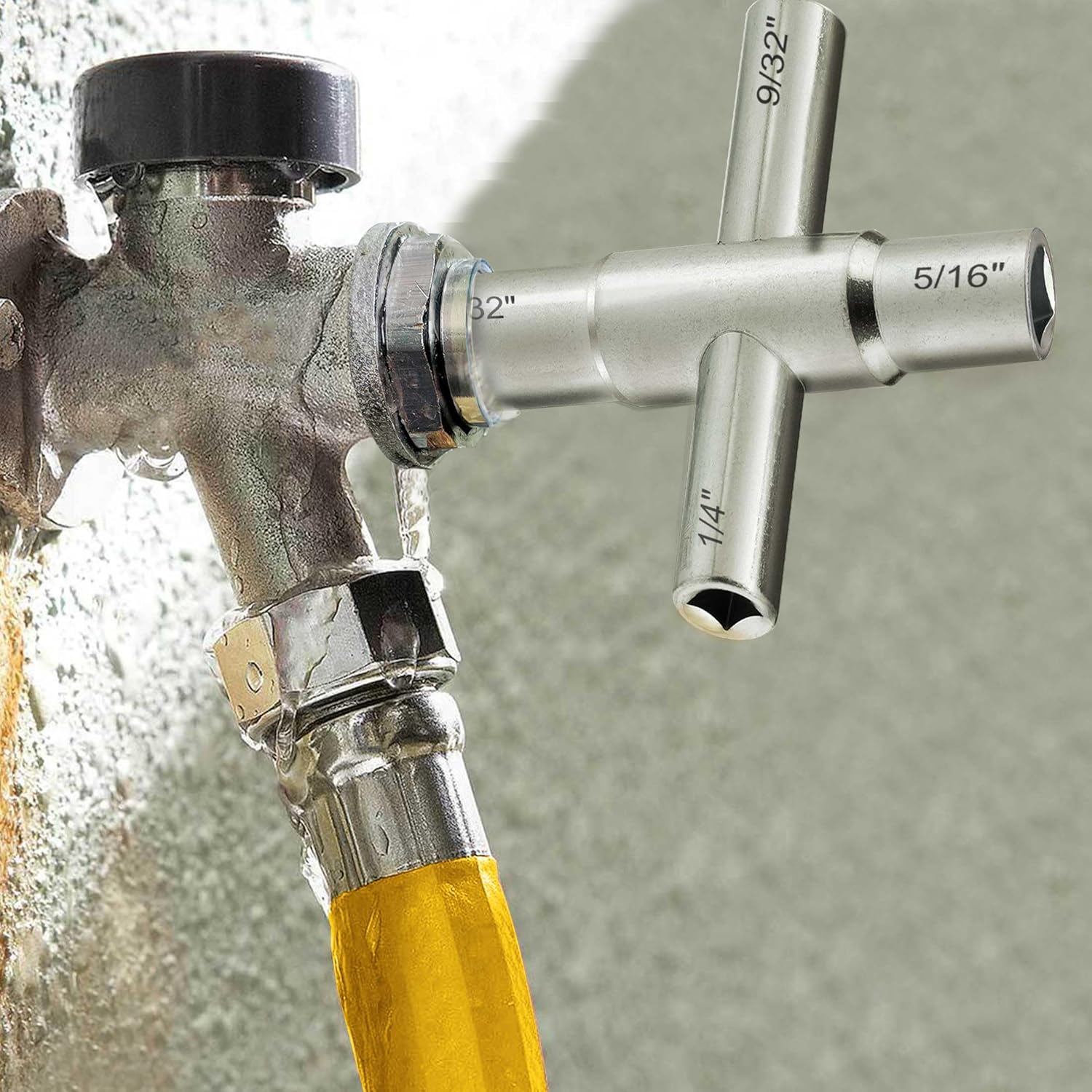 Hanpex 4-Way Sillcock Key Wrench, 1/4", 9/32", 5/16", 11/32", Fits Most Sillcock, Stopcock, Water Spigots, Wall-hydrant, Control Cabinet and Valves