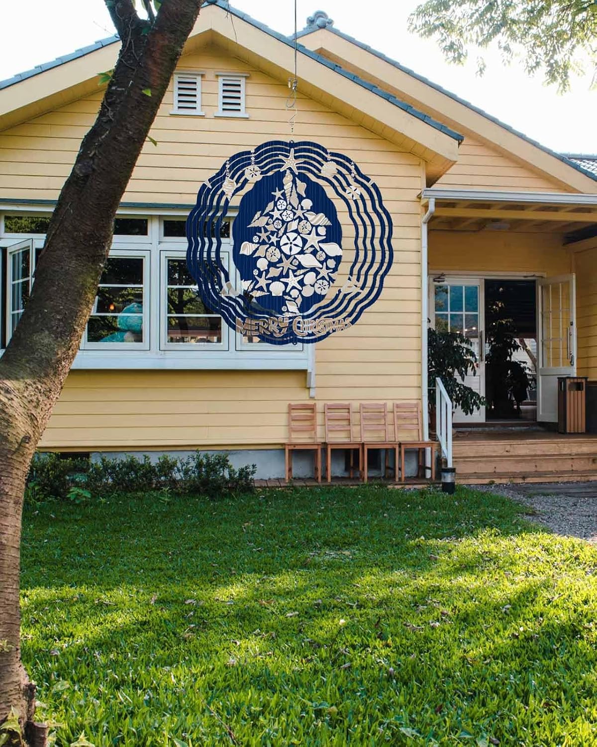 Merry Christmas Wind Spinner 3D Stainless Steel, 12 Inch Double Sided Circle Hanging Wind Spinners, Ocean Shell Starfish Blue Stripes Garden Art Wind Sculpture for Yard Porch Front Door