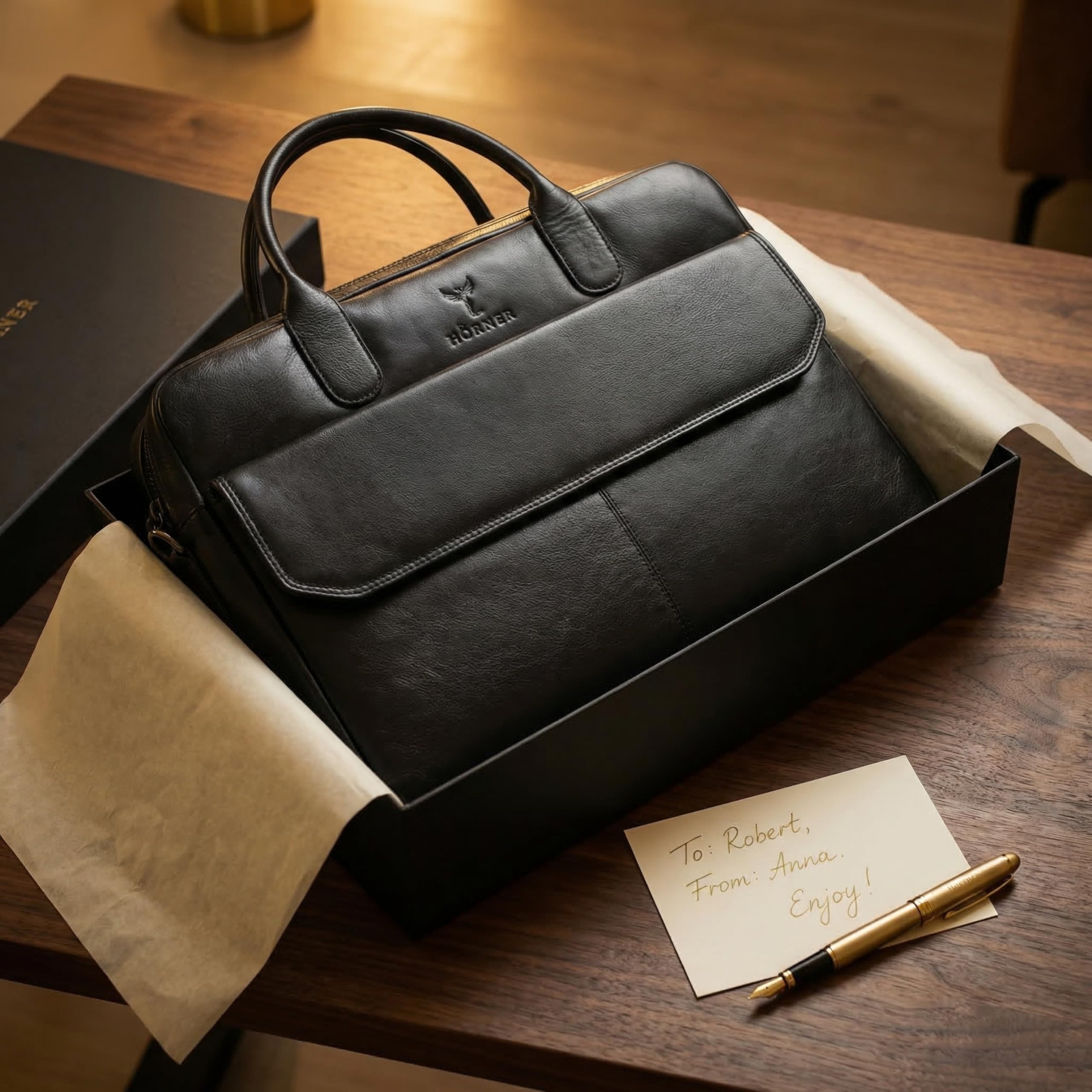 Hörner Düsseldorf Businesstasche Echtleder – Schwarz | Laptoptasche bis 16″, 44×33×10 cm | 2 Hauptfächer, viele Innenfächer, professioneller Organizer