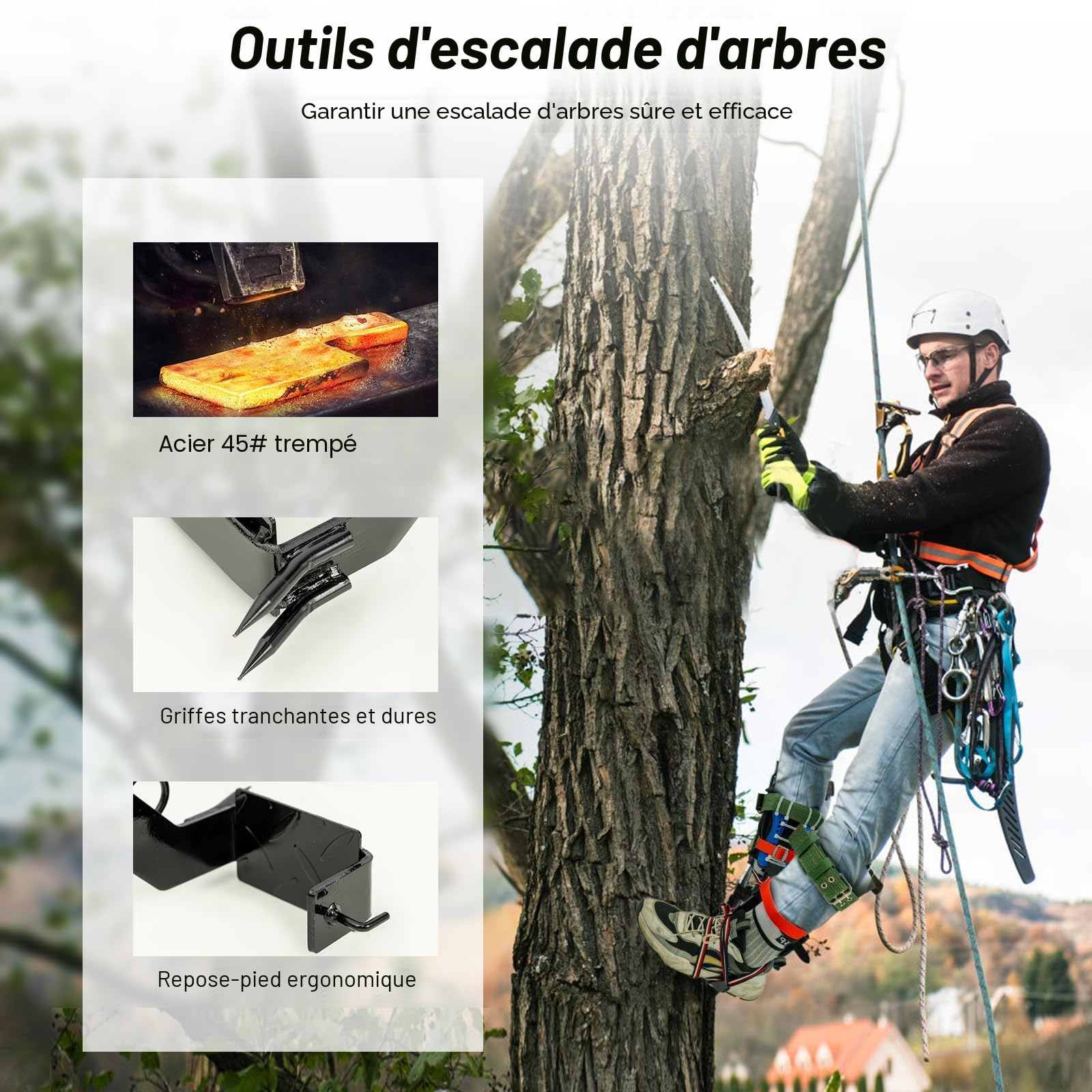 Kit d'escalade d'arbre, réglable, 1 paire d'outils pour escalader les arbres, avec sangle de sécurité pour les pieds et sangles de cheville pour l'escalade des arbres, le travail forestiers