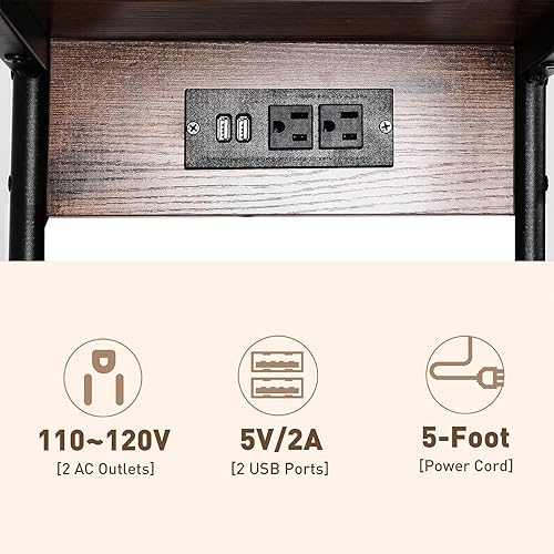 Miniatura 5 de Mesita de noche con estación de carga, juego de 2 mesas laterales estrechas con puertos USB y tomas de corriente, mesa auxiliar de almacenamiento de