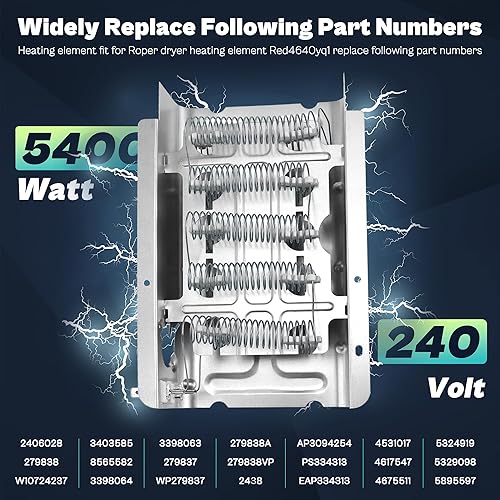Miniatura 4 de Elemento calefactor compatible con secadora Roper Whirlpool RED4516FW0-279838 W10724237 2406028 Elemento calefactor compatible con secadora Roper