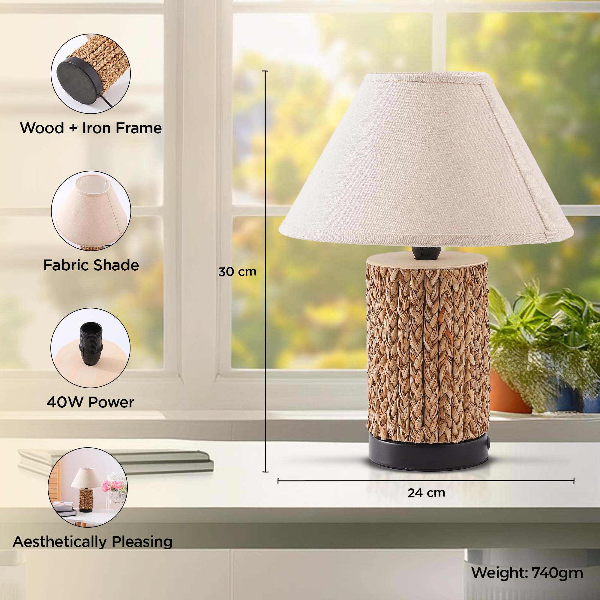 Kuber Industries Aesthetic Bedroom Lamp for Side Table | Office & Desk Table Lamp for Living Room and Home Decor with Wooden Base & Light Color Changing | White & Natural Wooden Brown-WH003 2
