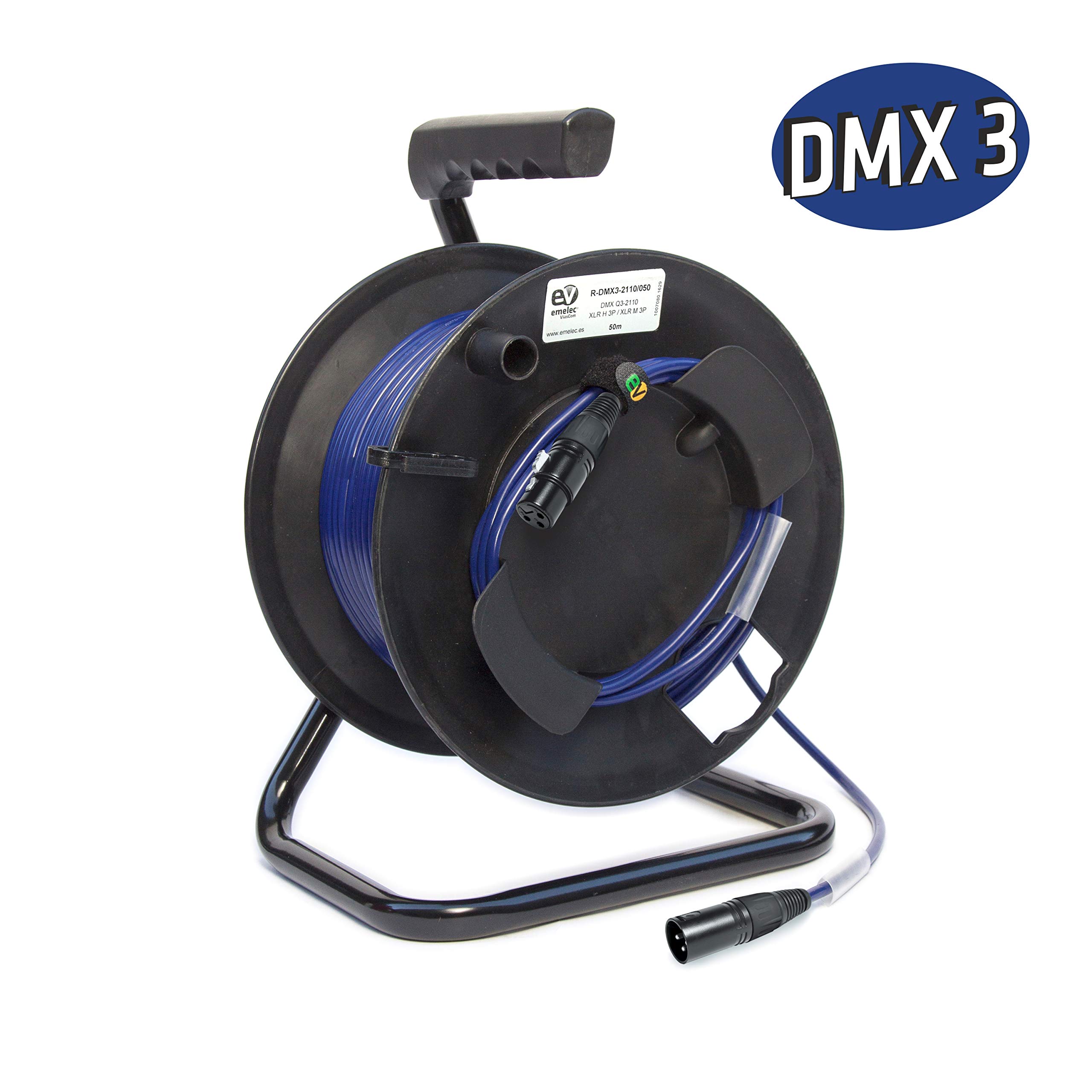 Emelec VíasCom R-DMX3-2110/050-50m Câble symétrique numérique DMX 110Ω OFC 2x0,22mm² monté sur porte-câbles avec XLR 3 broches - Couleur bleu nuit - PVC très flexible