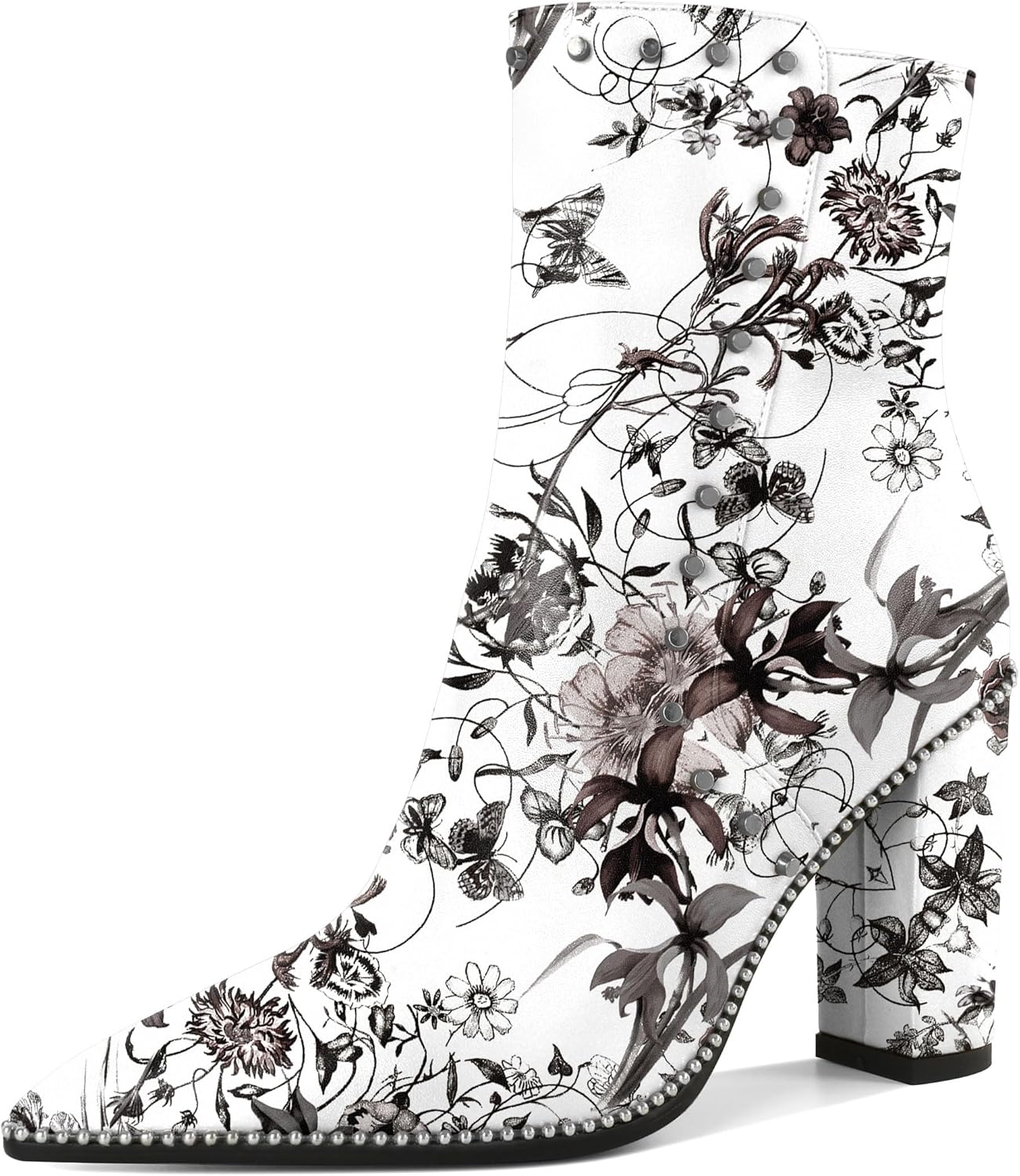 YODEKS Women's Ankle Booties 3.7 Inch Heel Chunky Boots Rivet Beaded Studded Pointed Toe Side Zipper Boots