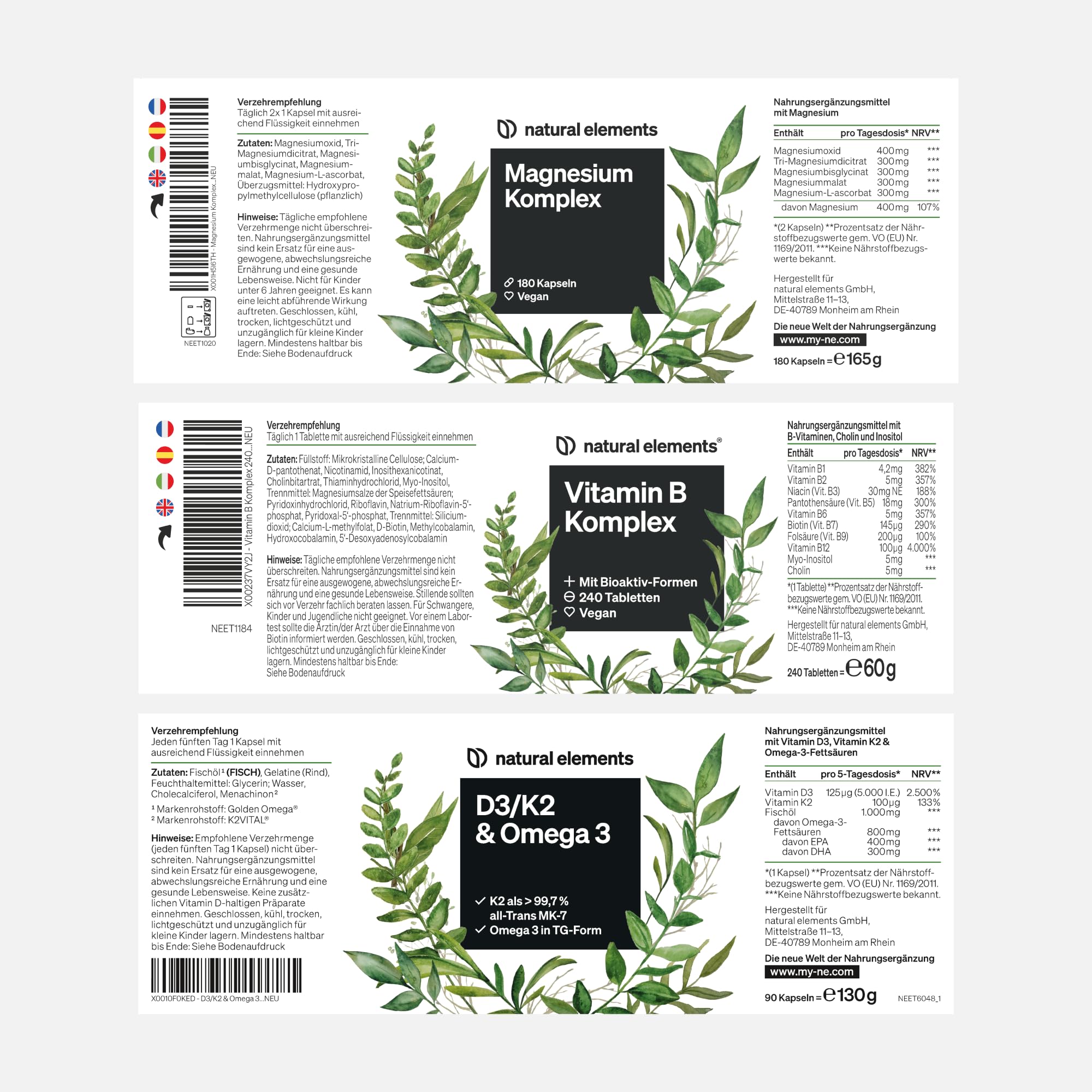 natural elements Essentials Set - Magnesium Komplex, Vitamin B Komplex, D3 K2 & Omega 3 Kapseln - hochdosiert, ohne unnötige Zusätze - für deinen Alltag