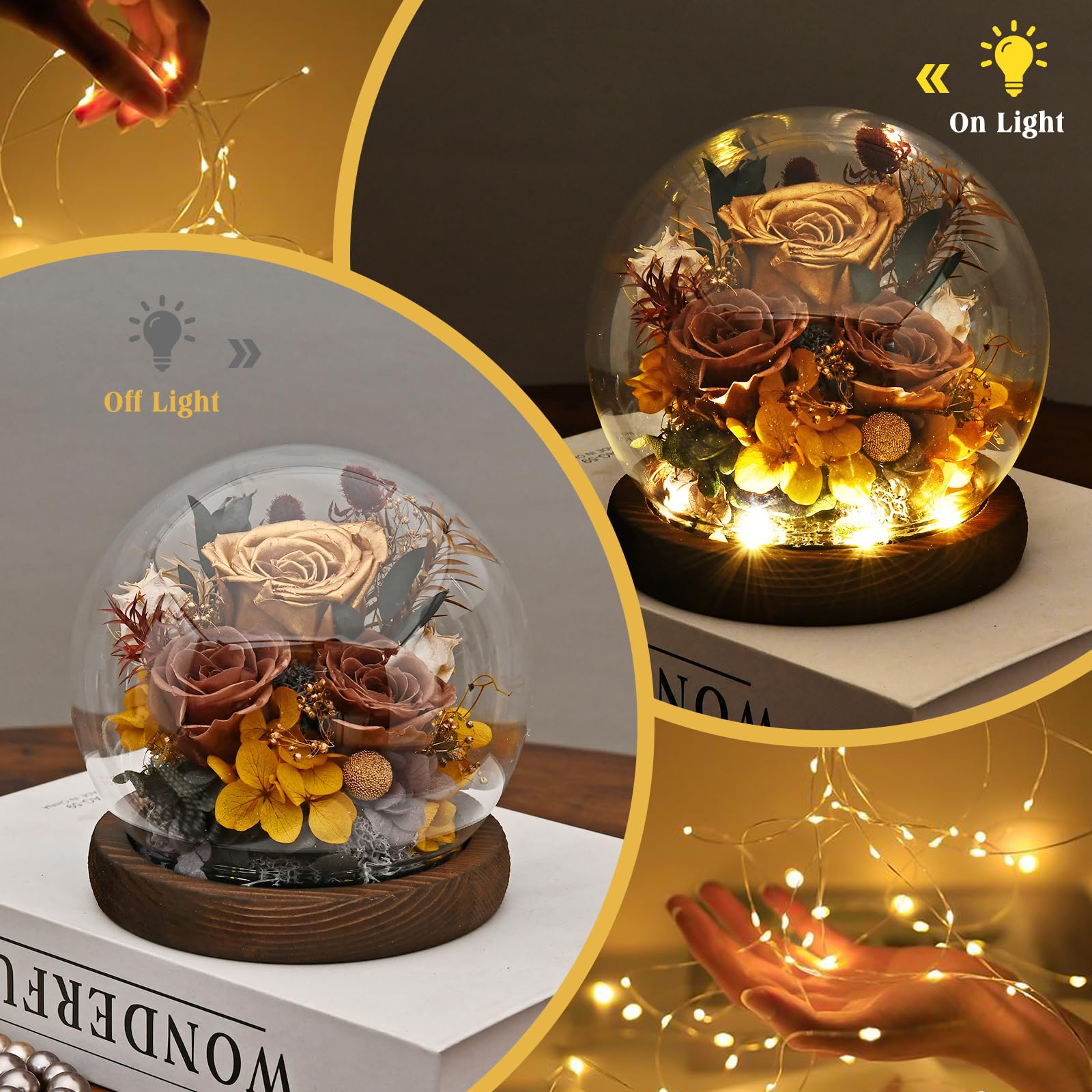 FRYMSHE Regali per donne, mogli, mamme, nonne, fiori conservati per San Valentino, festa della mamma, anniversario, matrimonio, Natale, Ringraziamento, regali per amici, sorella, fidanzata, con luce
