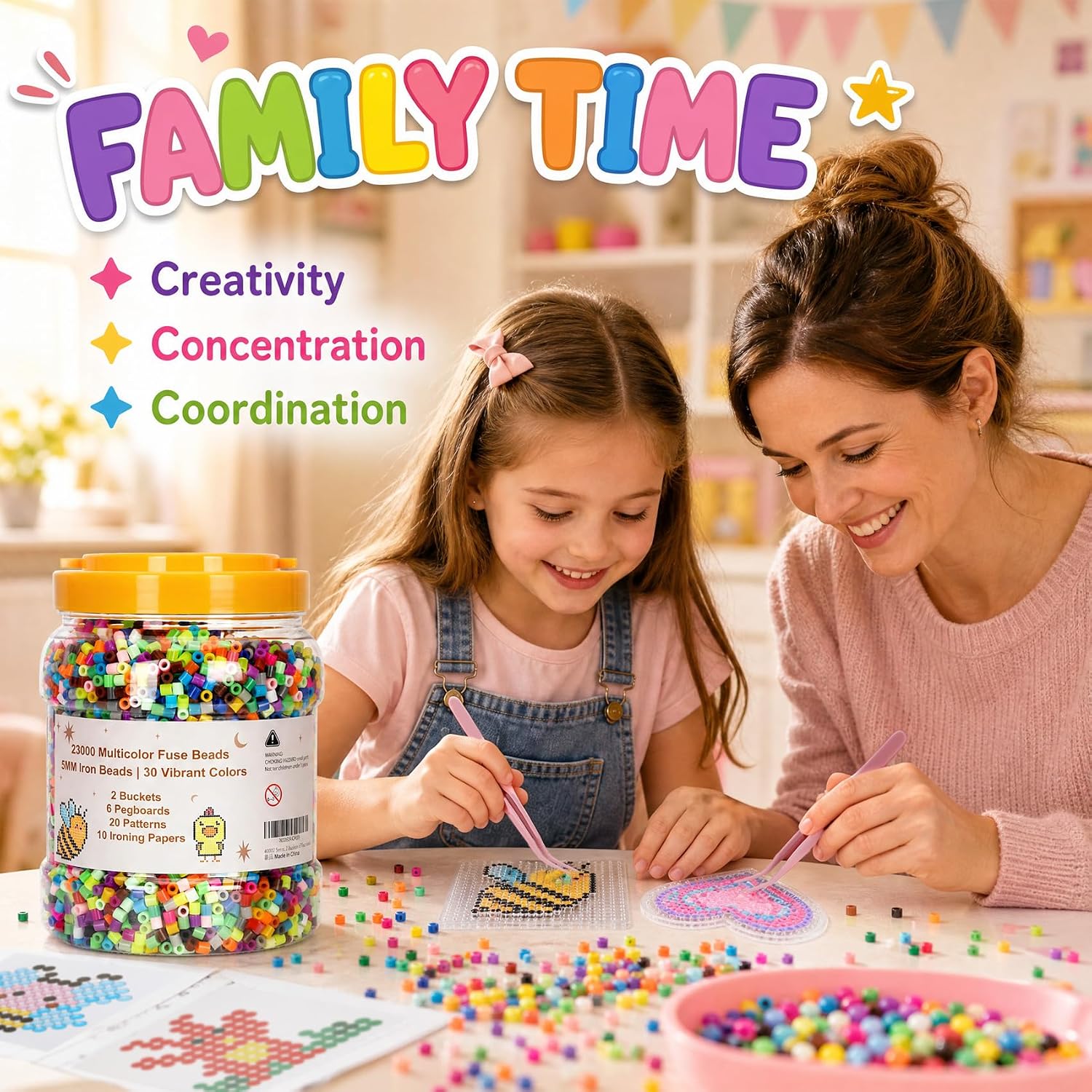 2 Buckets of Fuse Beads, 30 Colours, 46,000 5 mm Fuse Beads Bulk, 27 Paper Patterns, 10 Ironing Paper, 6 Pegboards, DIY Birthday Decorations, Handmade Gifts and Wall Decorations, Refill Pack