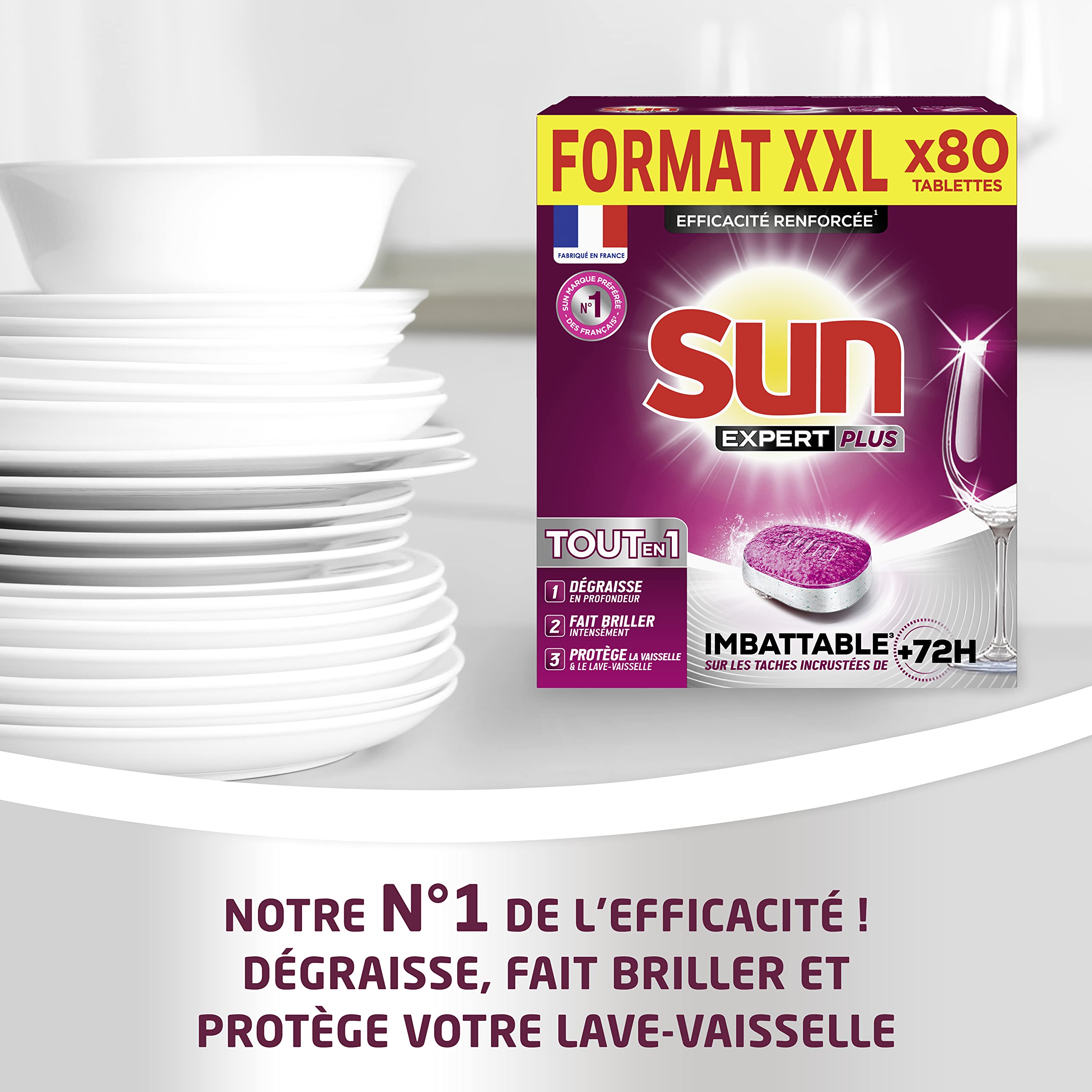 SUN - Pastilles Lave-Vaisselle Tout-en-1 - 80 Capsules - Expert Plus - imbattable sur les taches incrustées de + de 72h - dégraisse et fait briller