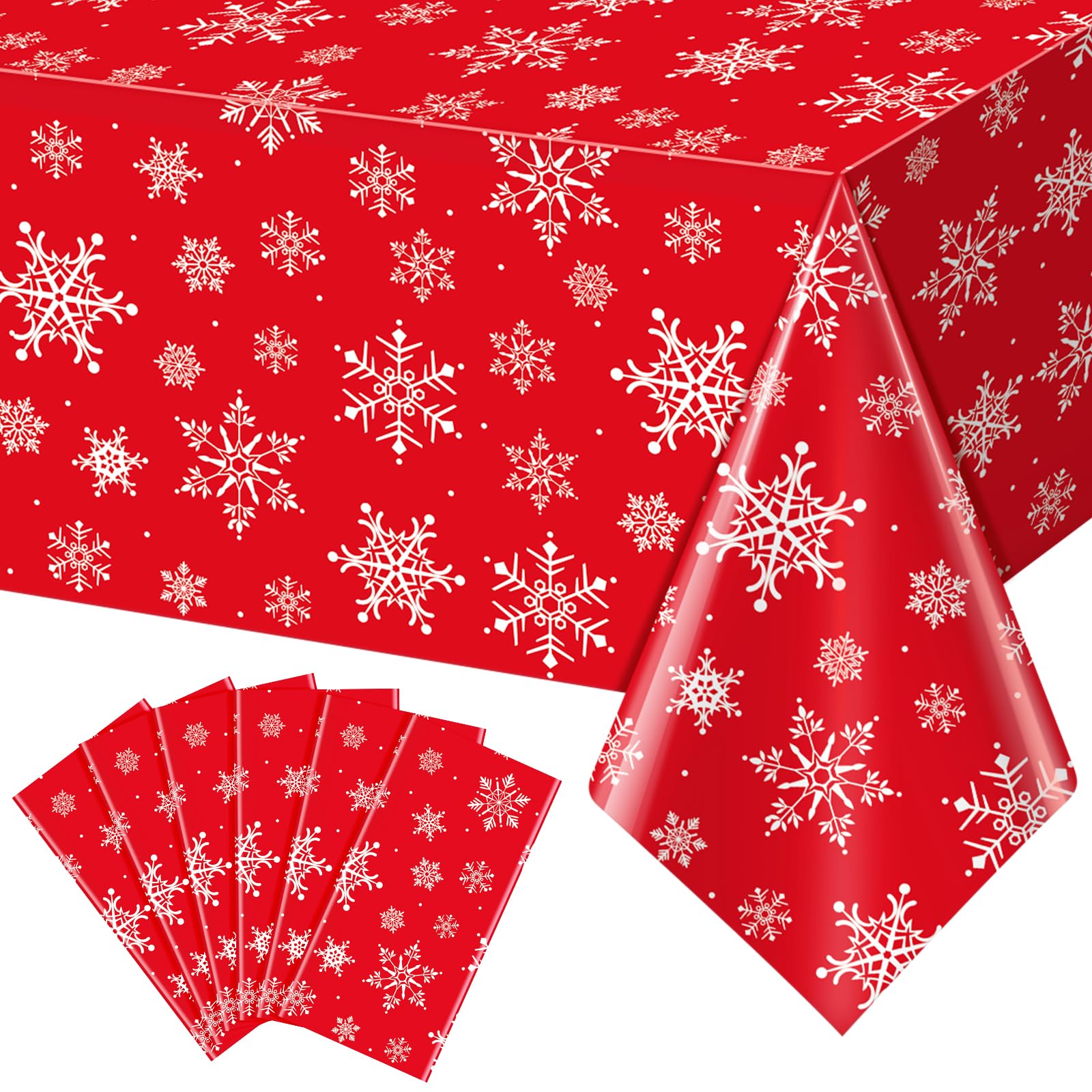 6 Pieces Christmas Snowflake Plastic Party Tablecloth Decorations,White Snowflake Red Xmas Backdrop Sign Table Cover Banner for Winter Christmas Holiday Party Supplies,54x108 inch (Red)