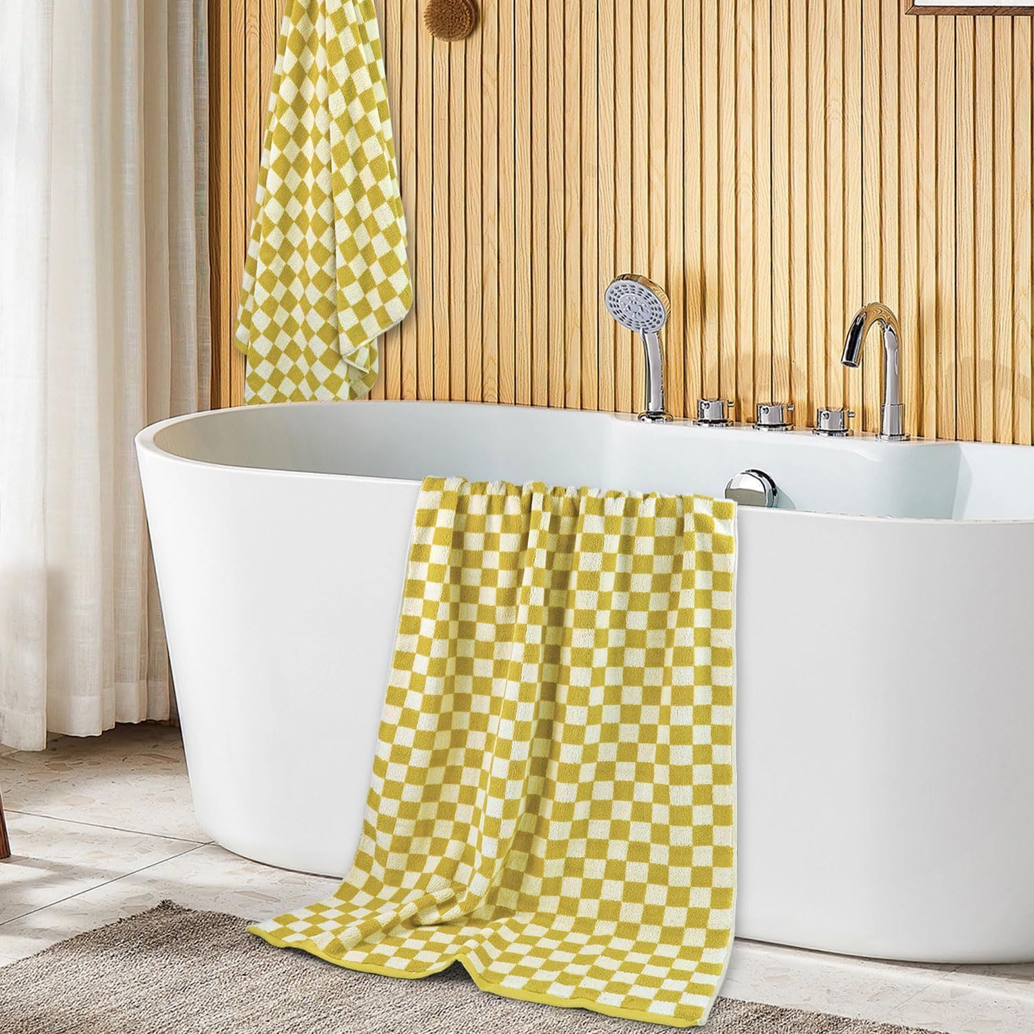 Lot de 2 serviettes de bain de luxe d'automne en coton à carreaux pour séchage du corps, 140 x 69 cm, jaune moutarde