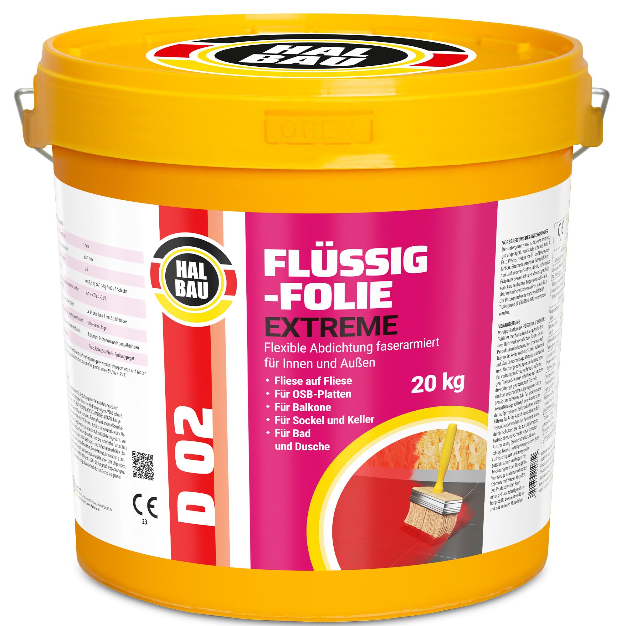 Flüssigfolie 20kg für Innen und Aussen, Faserverstärkte Hochelastische Abdichtung, Wassersperre unter Fliesen, Balkon, Dusche + Farbroller 25cm Halbau SET D02