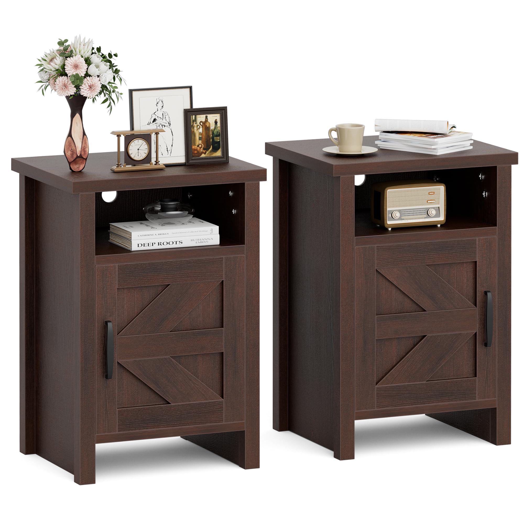 JUMMICO Farmhouse Nightstand, Modern Bedside Table with Barn Door and Shelf, Rustic End Table Side Table for Bedroom, Living Room (2, Brown)