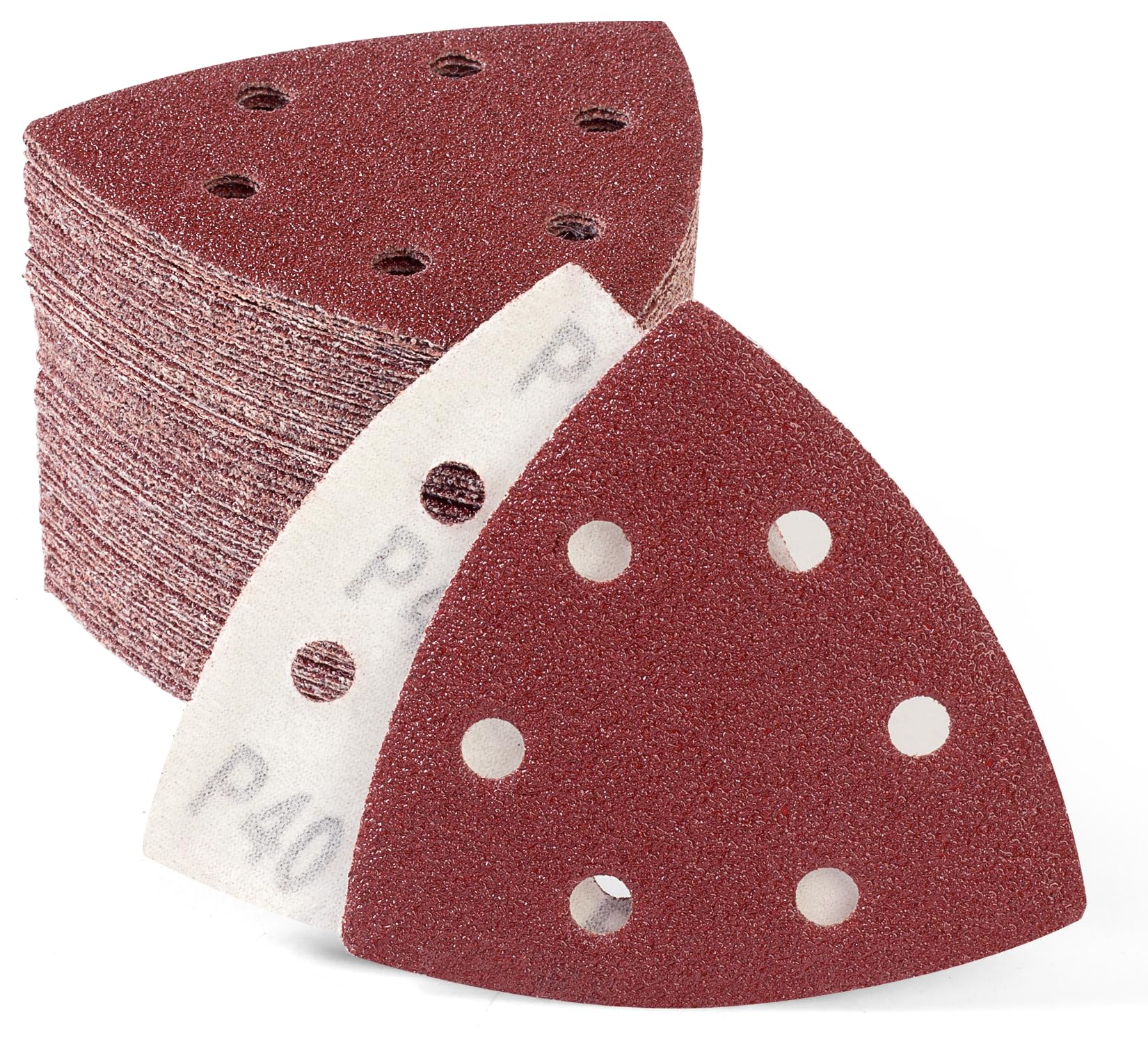SATC 60 PCS 93mm Delta-Triangle Sanding Sheets 40 Grit Detail Sander Pads Durable Dust-Free 6-Holes Sander Sandpaper Hook and Loop Triangle Sanding 93 x 93 x 93mm