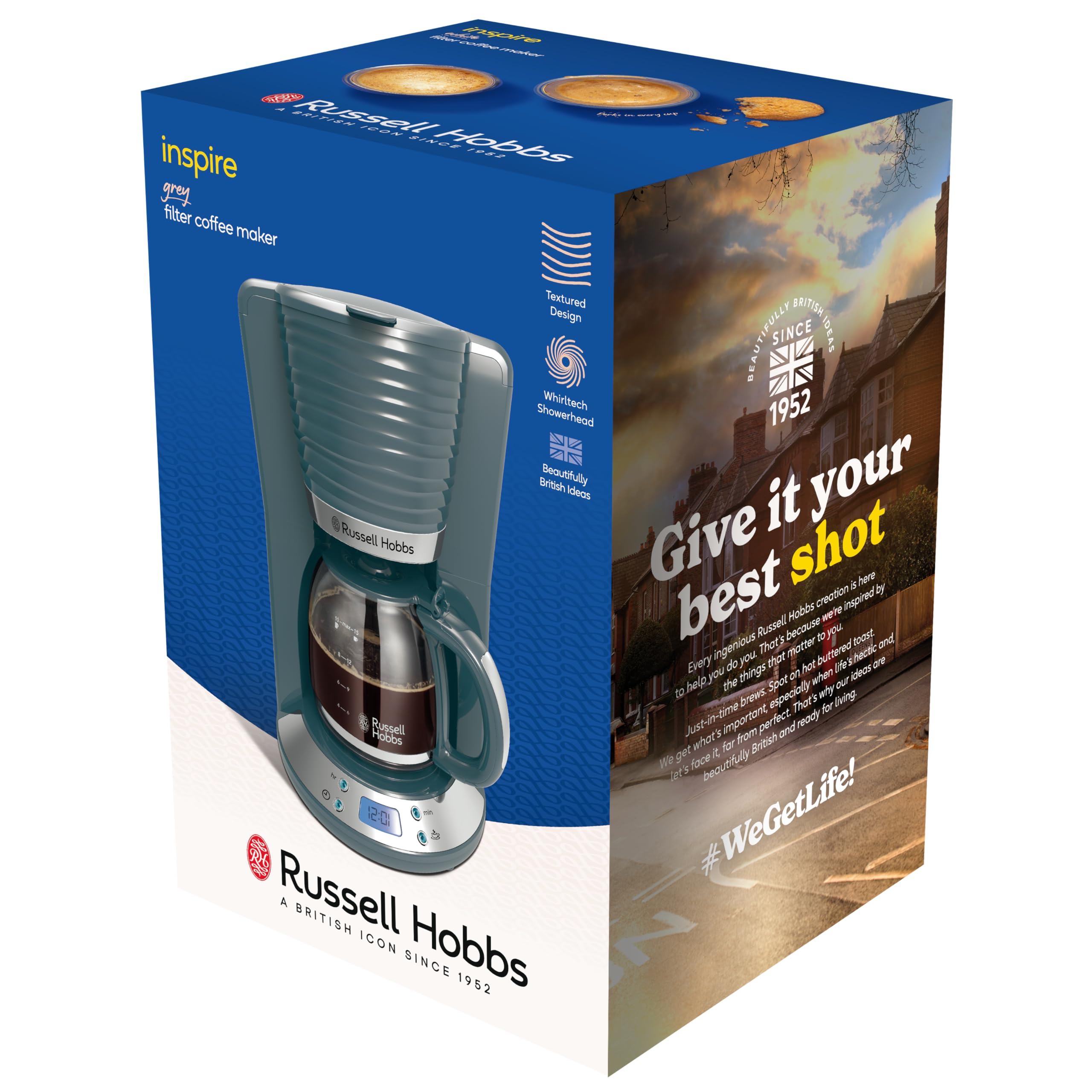 Russell Hobbs Macchina Caffè Americano Inspire Programmabile 1100 W, Timer 24h, Display LCD, Filtro Lavabile, Caraffa in Vetro 1,25 L 12 Tazze, Design Cromato Grigio – 24393-56