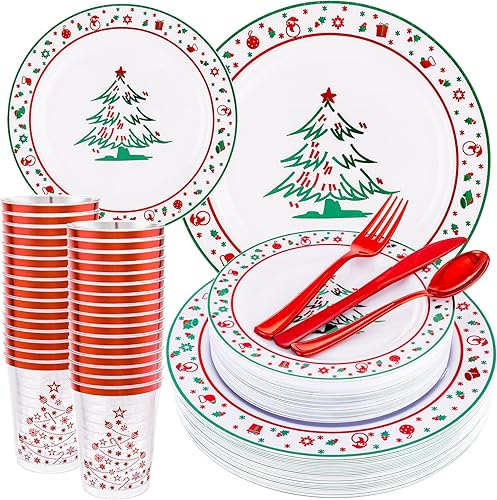 Miniatura 30 de LIYH 150 Pcs Plastic Christmas Dinnerware Set, Red Plastic Dinner Dessert Disposable Plates, Gold Silverware, Red Christmas Disposable Cups 10 OZ