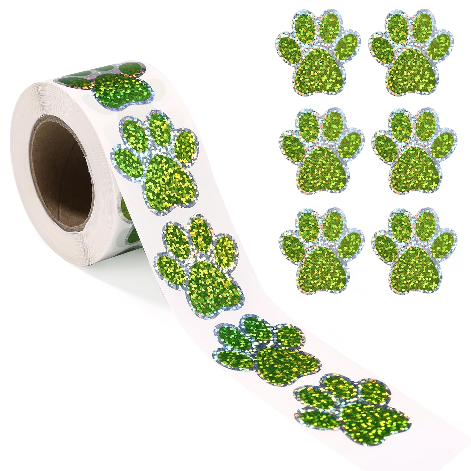 500pcs Dog Paw Print Stickers, 1.5in/38mm Holographic Dot Self-Adhesive Puppy Paw Prints Decals Sticky Stamp for Envelope Seals Mailing Office Room Party Decoration(Light Green)