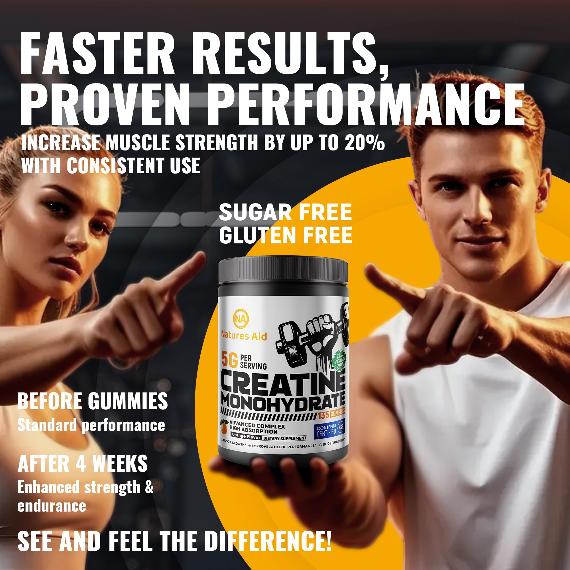 Natures Aid NSF Certified Creatine Gummy 5g - Creatine Monohydrate Gummies – Pre-Workout Energy & Muscle Growth Support for Men & Women | Orange Electrolyte Gummies (135 Count) — Amazon image 8