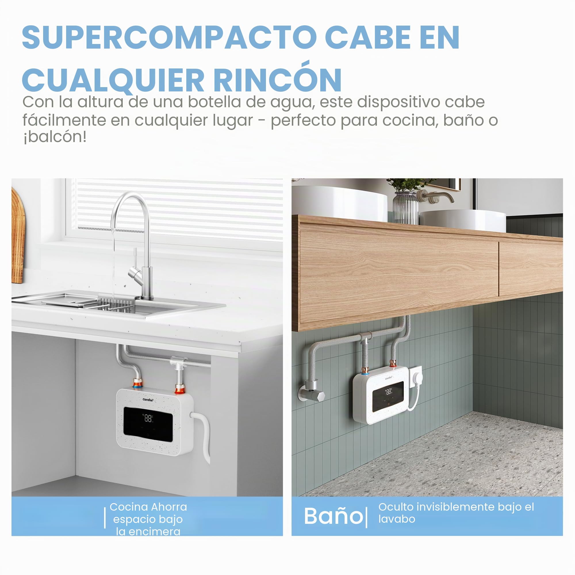 COMFEE 'CWH3.5EA1W Mini calentador de agua de 3,6 kW para lavabo de mano, calentador de agua eléctrico pequeño de 230 V, bajo mesa, control electrónico, resistente a la presión, calentamiento