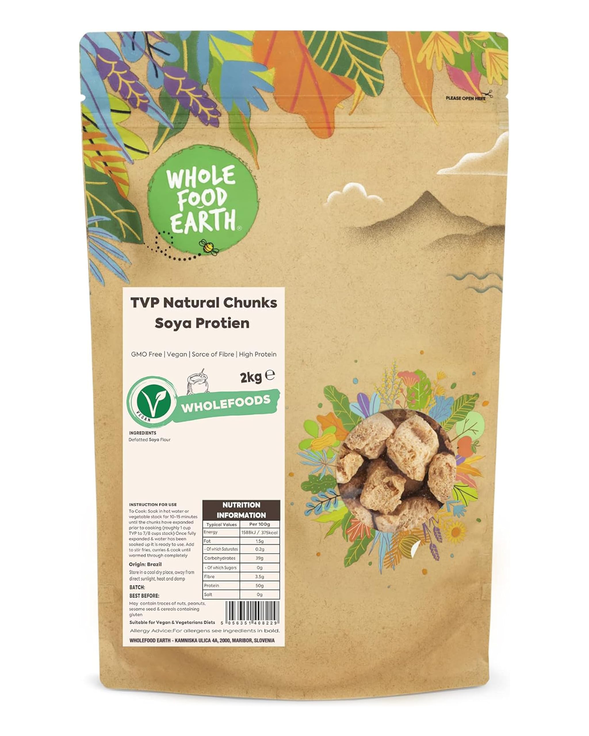 Integrale Terra TVP Natural Chunks Soia Protien - Senza OGM - Vegano - Senza latticini - Senza zucchero aggiunto, 2 kg