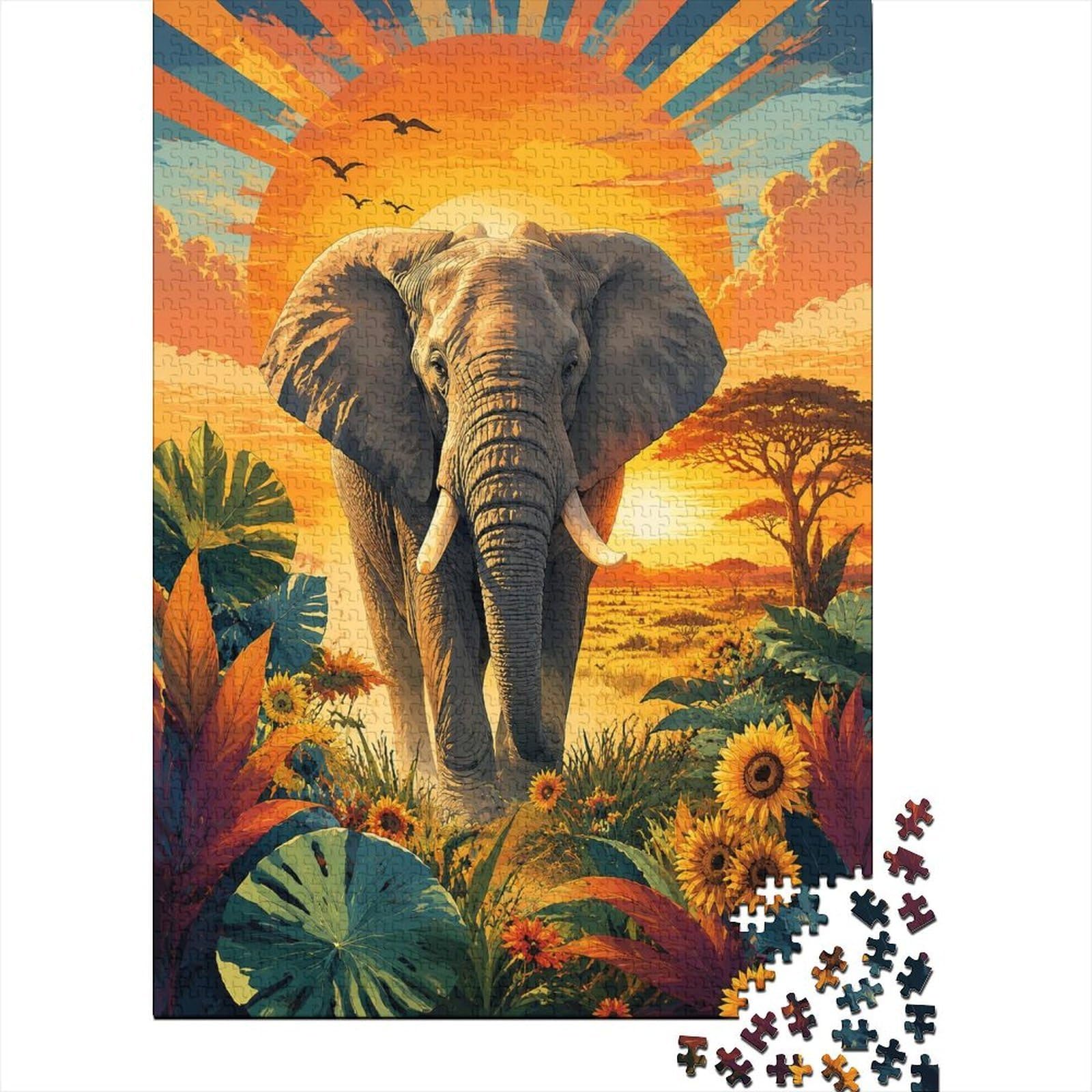 Elephant Sunflower Landscape Jigsaw Puzzle, 1000 Pcs For Adults High