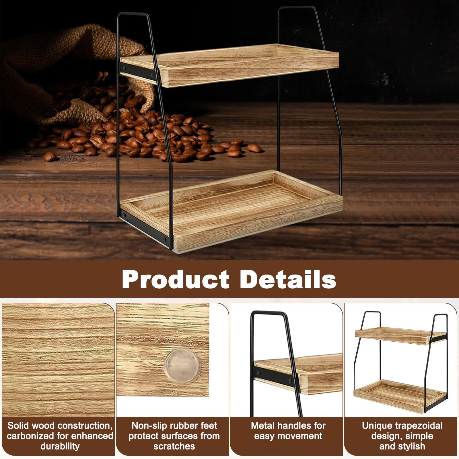 2 Ripiani Portaspezie Salvaspazio per Cucina, Organizer per Angolo Caffè in Legno, Porta Spezie Piano di Lavoro, Organizzatore Condimenti Bar, Scaffale da Cosmetici per Bagno, Casa, Ufficio, Scrivania
